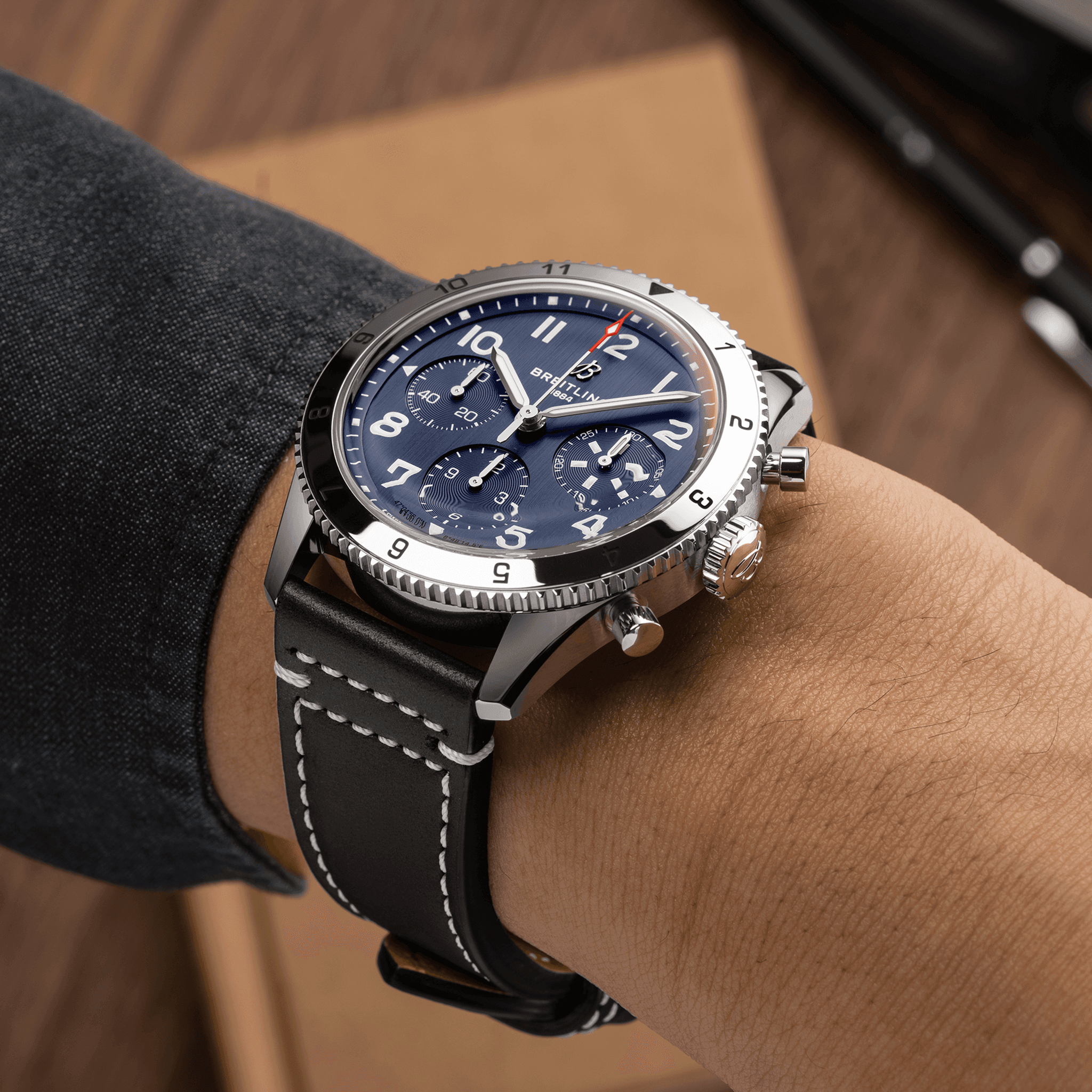 Classic AVI Chronograph 42mm Watch - Tribute to Vought F4U Corsair - Blue Dial with Genuine Leather Strap - Pilot & Military Style Timepiece for Aviation Enthusiasts & Collectors