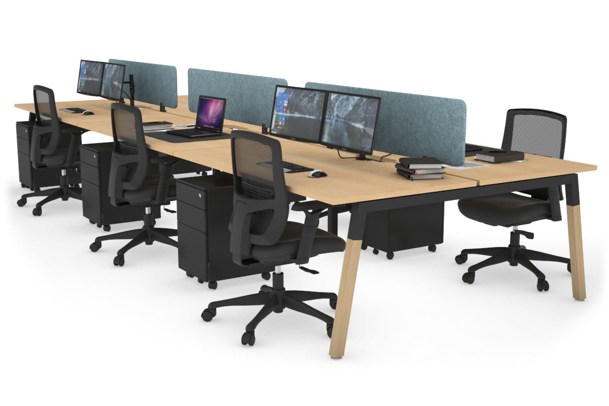 6-Person Office Workstation with Quadro A Legs & Wood Cross Beam - 1800L x 800W with Cable Management Scallop | Ideal for Collaborative Workspaces & Modern Offices