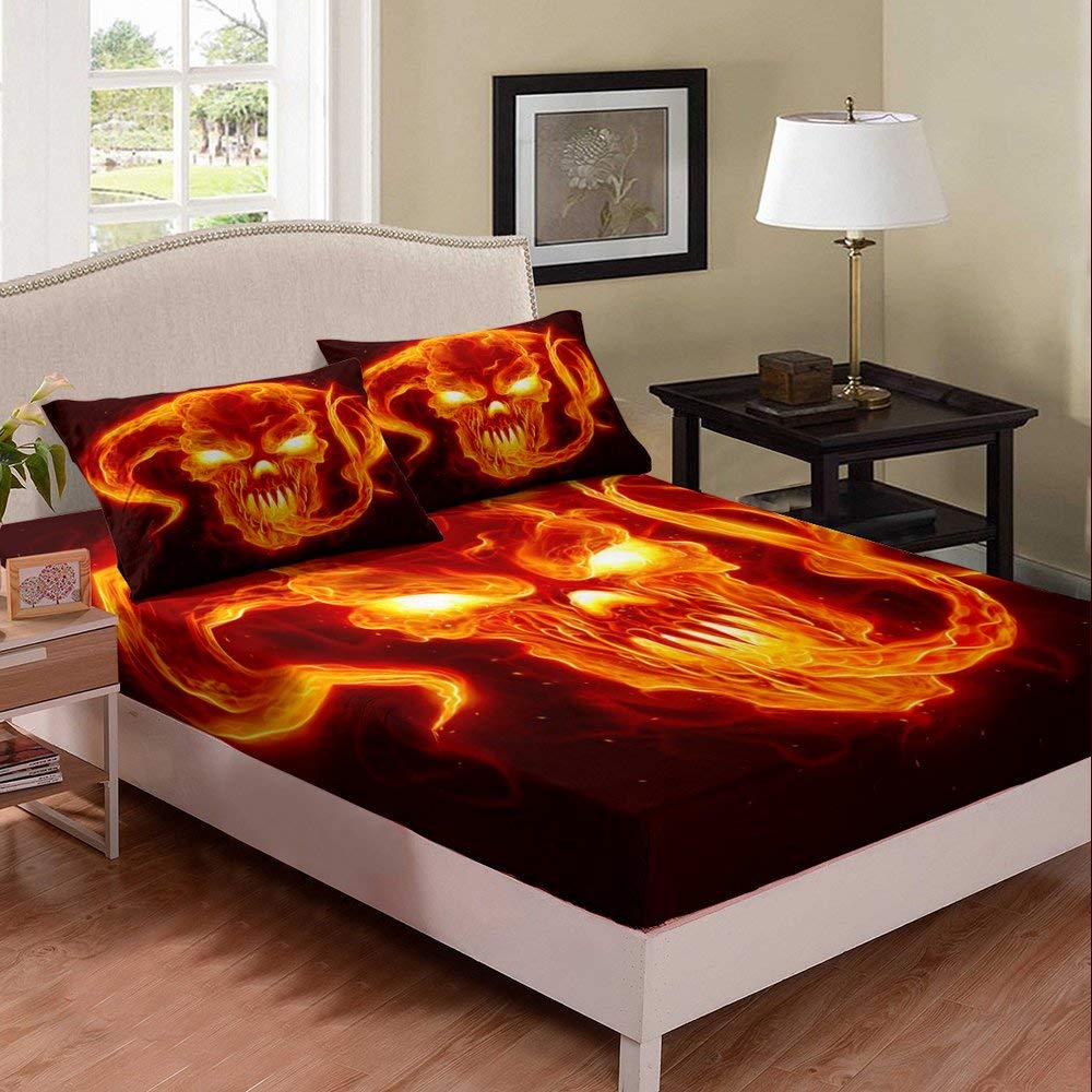 Gothic Flame Skull Bedding Set - Full Size Microfiber 3-Piece (Fitted Sheet + 2 Pillowcases) for Kids, Boys & Teens | Spooky Halloween Decor, Themed Bedroom, Dorm Room Essentials