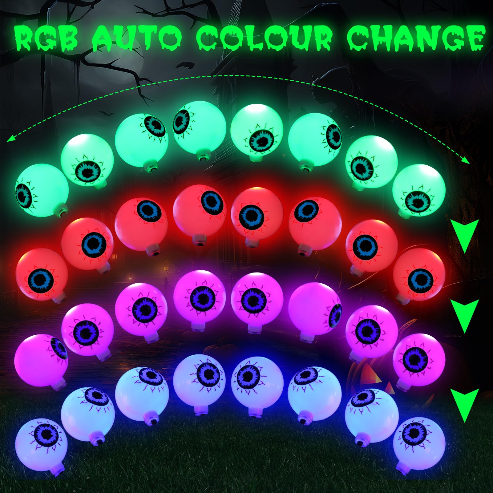 4 Pack 32 LED Solar Halloween Eyeball Lights - Waterproof Outdoor Scary Eyes Decor for Garden, Patio, Fence & Yard - Spooky Party Decoration Supplies for Halloween Night & Haunted House Themes