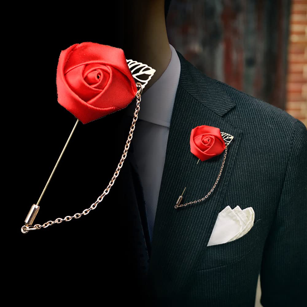 2PCS Handmade Rose Flower Lapel Pins for Men - Red & Blue Floral Chain Brooch, Boutonniere Pins for Suits, Wedding, Prom & Formal Events - Perfect for Groomsmen, Bridal Party & Special Occasions