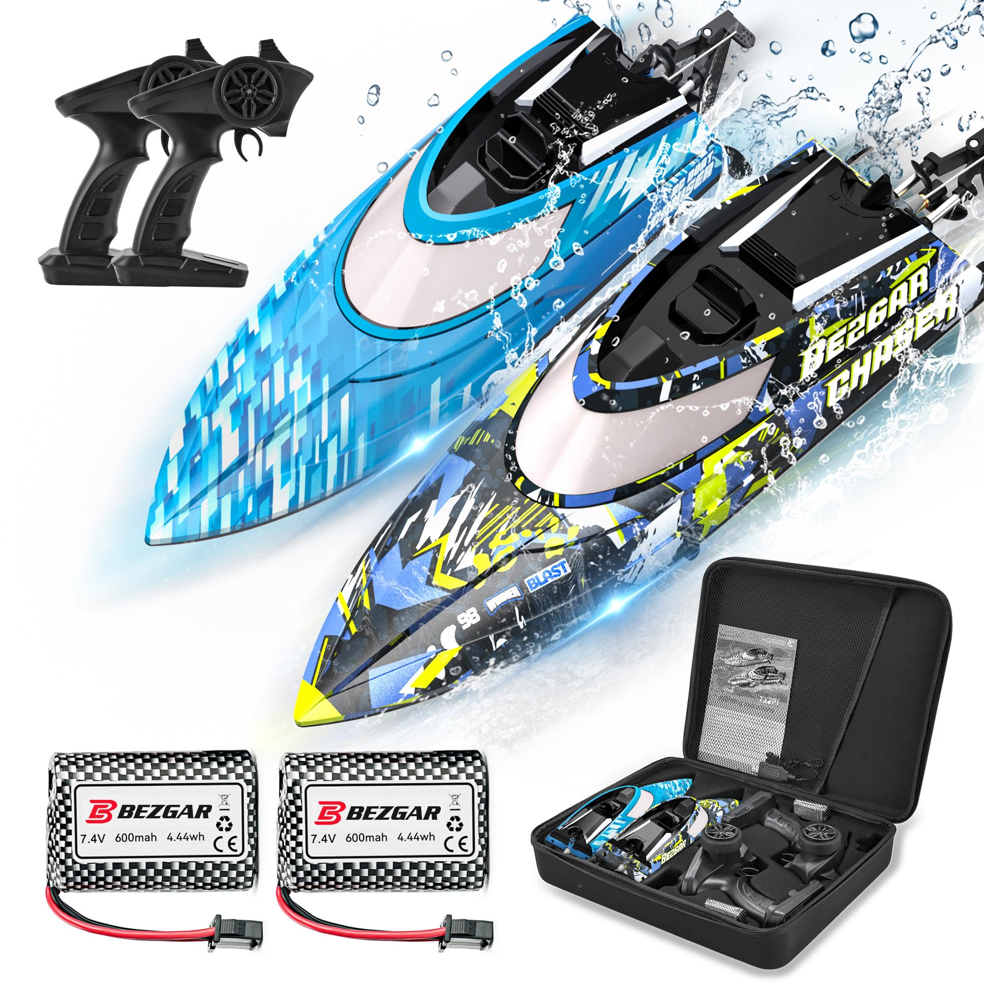 BEZGAR 2 Pack Fast Speed Remote Control Boat - 12 Inch RC Boat with Portable Suitcase, 30 KPH for Lakes, Pools & Saltwater - Summer Water Toys for Adults & Kids Ages 6-12 - Perfect Gift for Boys Birthday, Outdoor Water Play & Family Fun Activities