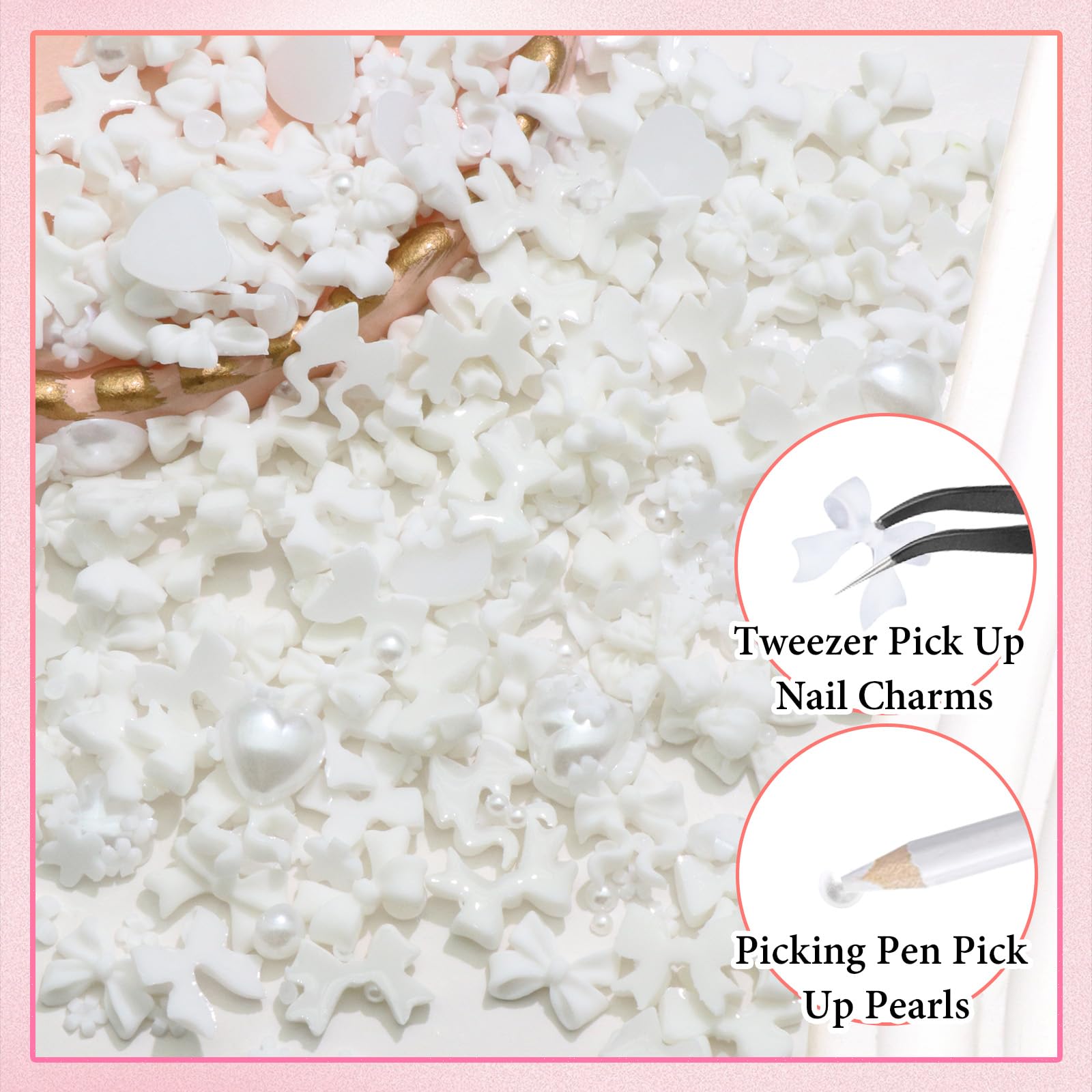 RODAKY 3D Bow Nail Charms with B7000 Glue - White Heart Pearls for Acrylic Nails & DIY Nail Art