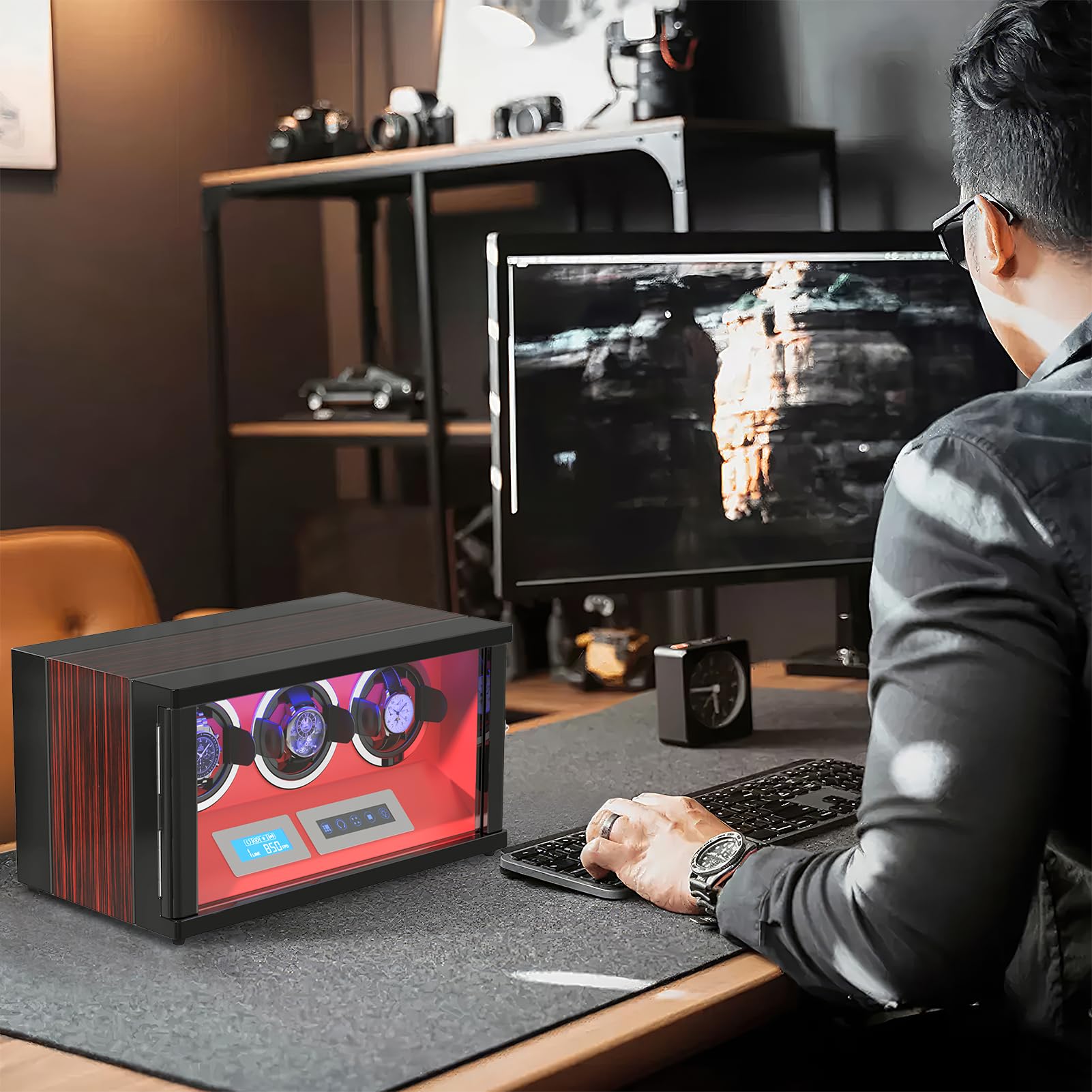 Luxury Watch Winder with LCD Touch Screen & LED Light - for Rolex & Automatic Watches - Home & Office Use