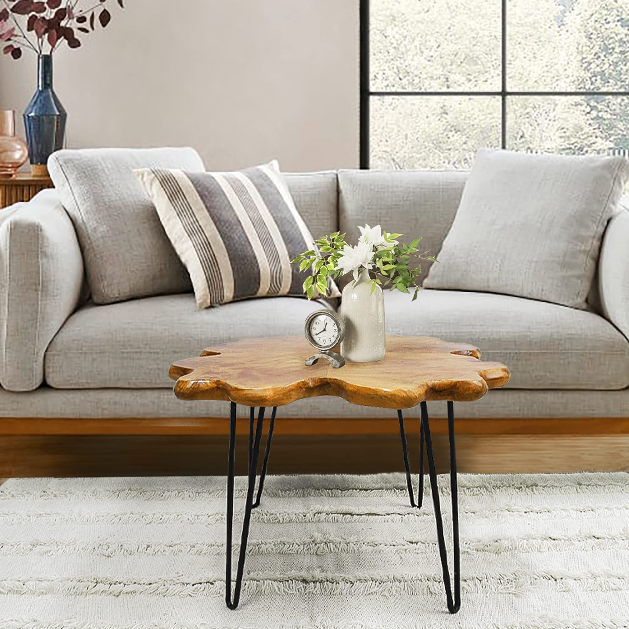 Rustic Cedar Wood Coffee Table with Four-Leaf Clover Pattern - 27