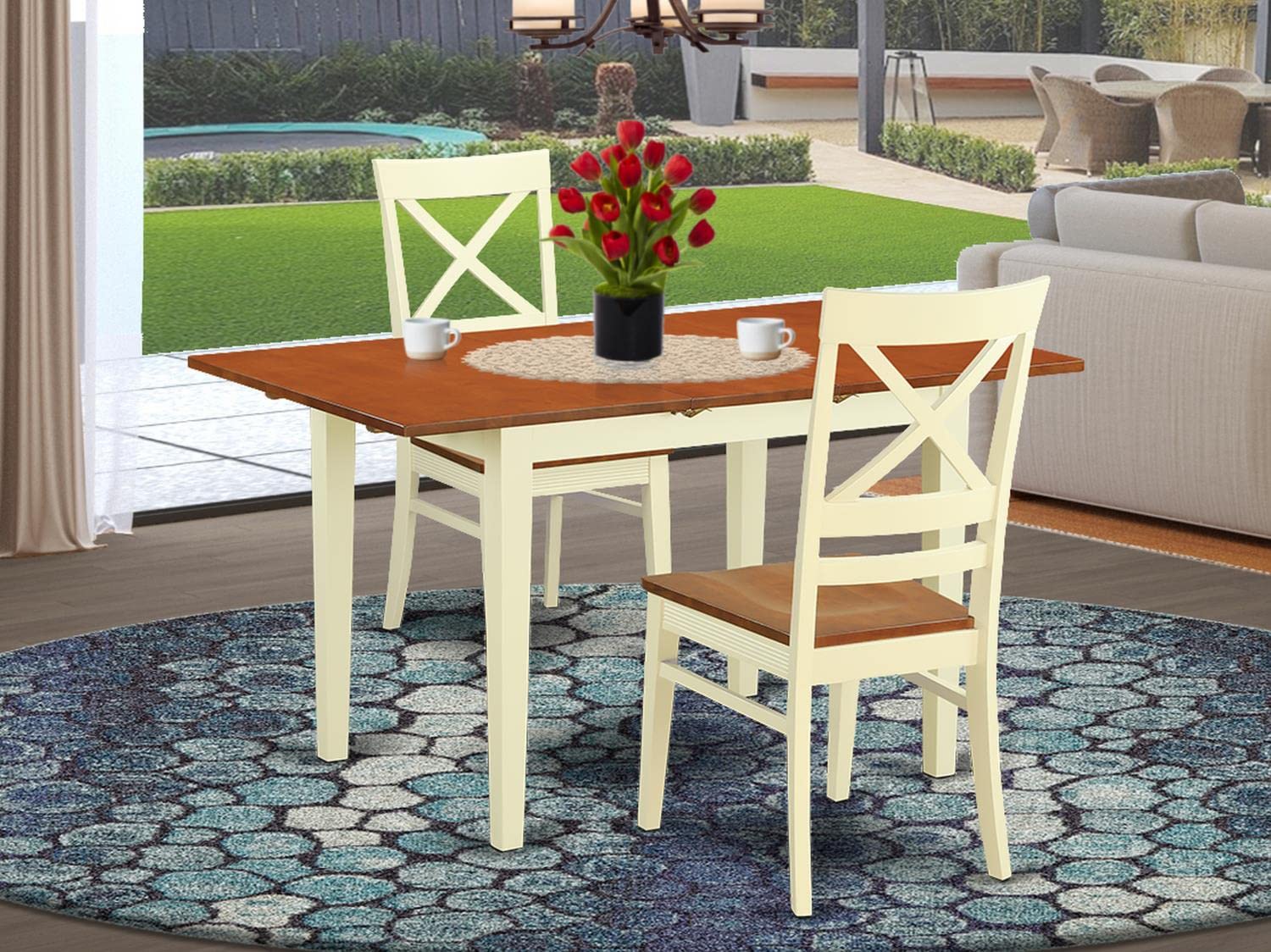 Modern 3-Piece Dining Table Set with Butterfly Leaf & 2 Chairs - 32x54 Inch Rectangle Wooden Table in Buttermilk & Cherry - East West Furniture NOQU3-WHI-W - Perfect for Small Spaces, Breakfast Nooks, and Contemporary Dining Rooms