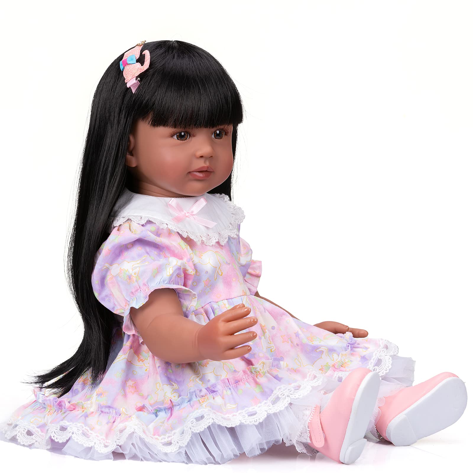 24 Inch Reborn Toddler Girl Doll - Cute Princess Doll with Dark Tan Skin & Beautiful Dress - Collectible Toy for Christmas & Birthday Gifts - Perfect for Pretend Play, Nursery Decor & Doll Collectors