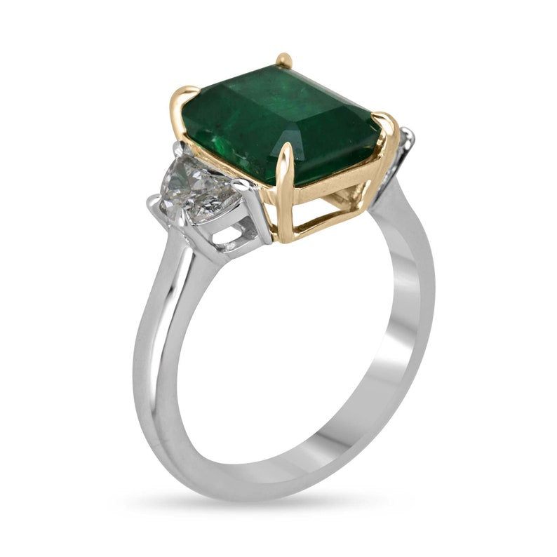4.79tcw AAA Dark Green Emerald & VVS Diamond Three Stone Ring in 18K White Gold - Elegant Engagement, Anniversary or Gift Jewelry for Women