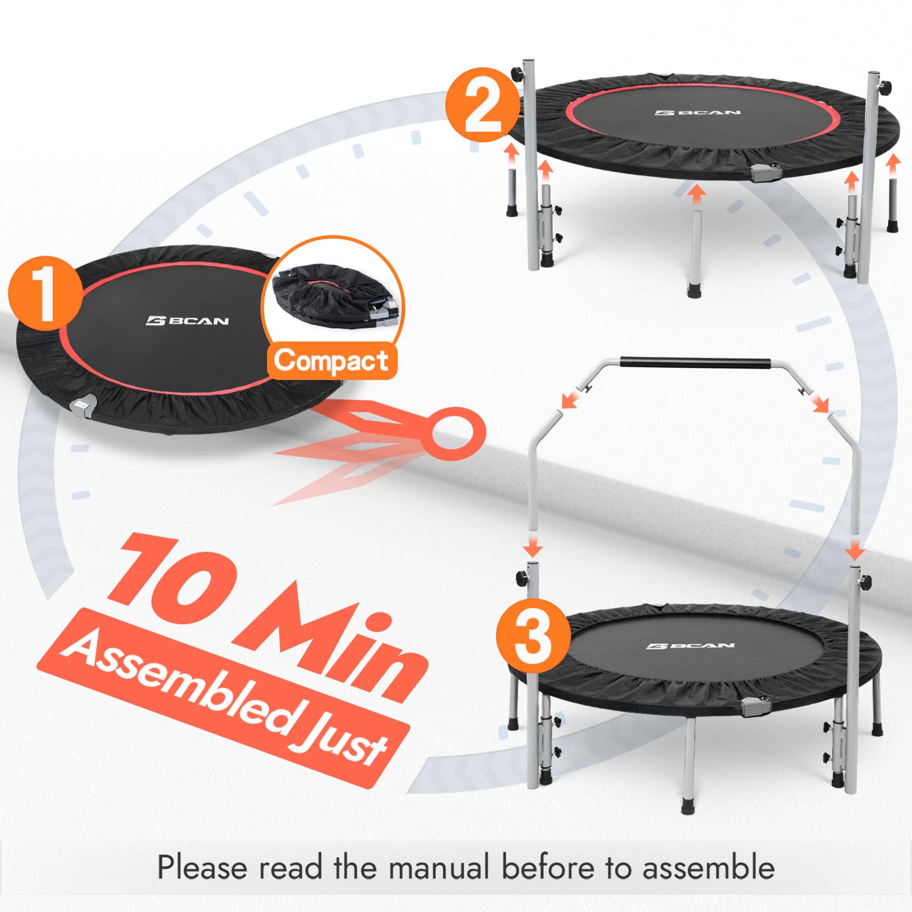 BCAN 40/48 Inch Foldable Mini Trampoline for Adults - 330/440 lbs Weight Capacity, Adjustable Foam Handle Fitness Rebounder - Indoor & Outdoor Exercise Equipment for Home Gym, Garden Workout, Cardio Training
