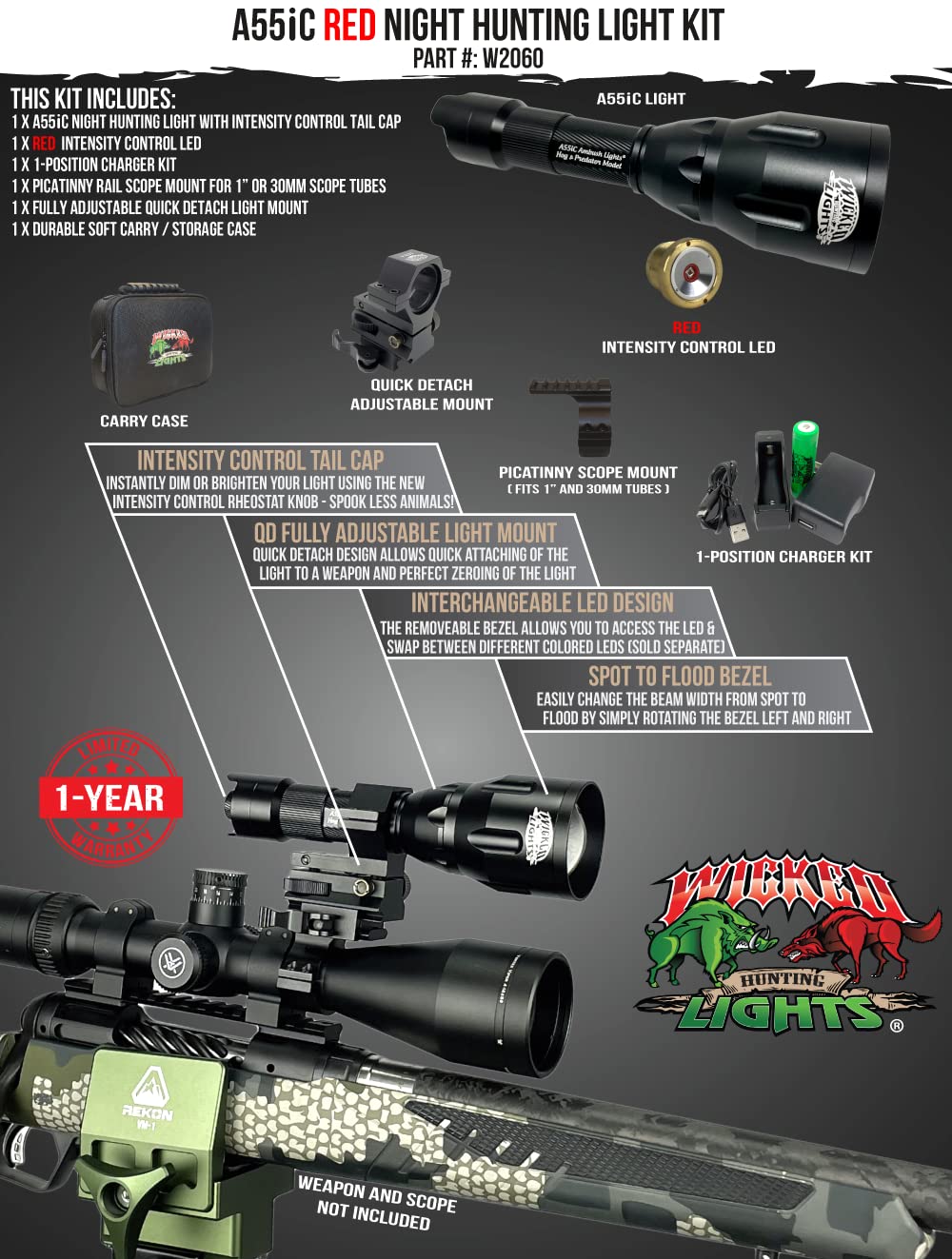 Wicked Lights A55iC Red Night Hunting Light Kit - Coyote, Fox, Bobcat & Hog Hunting Light for Predator Control | Perfect for Night Vision, Varmint Hunting & Wildlife Observation