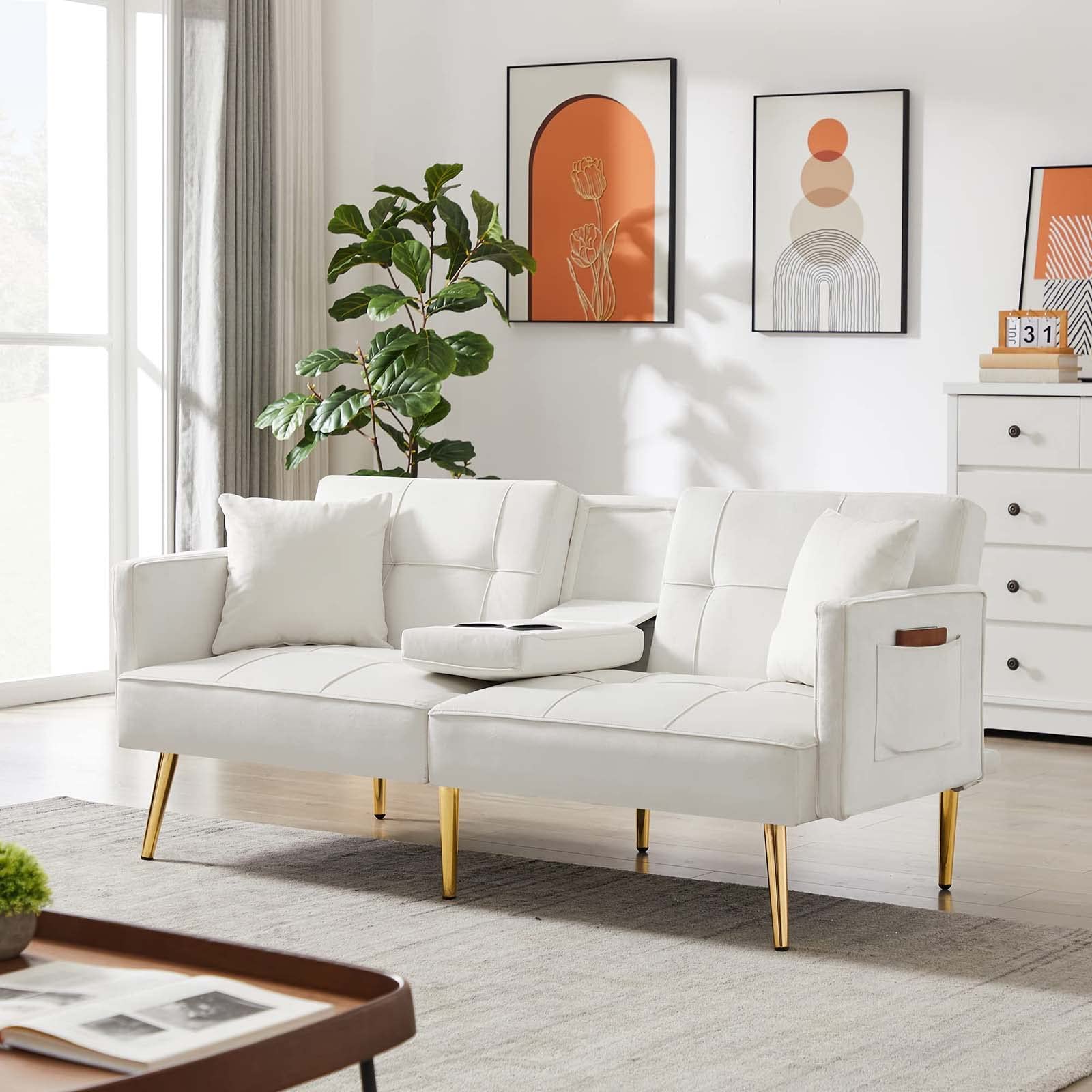 69'' Velvet Futon Sofa Bed - Modern Convertible Folding Sleeper Couch with Cup Holders & Armrests - White Loveseat for Living Room, Apartment & Office - Perfect for Small Spaces, Guest Rooms & Studio Apartments