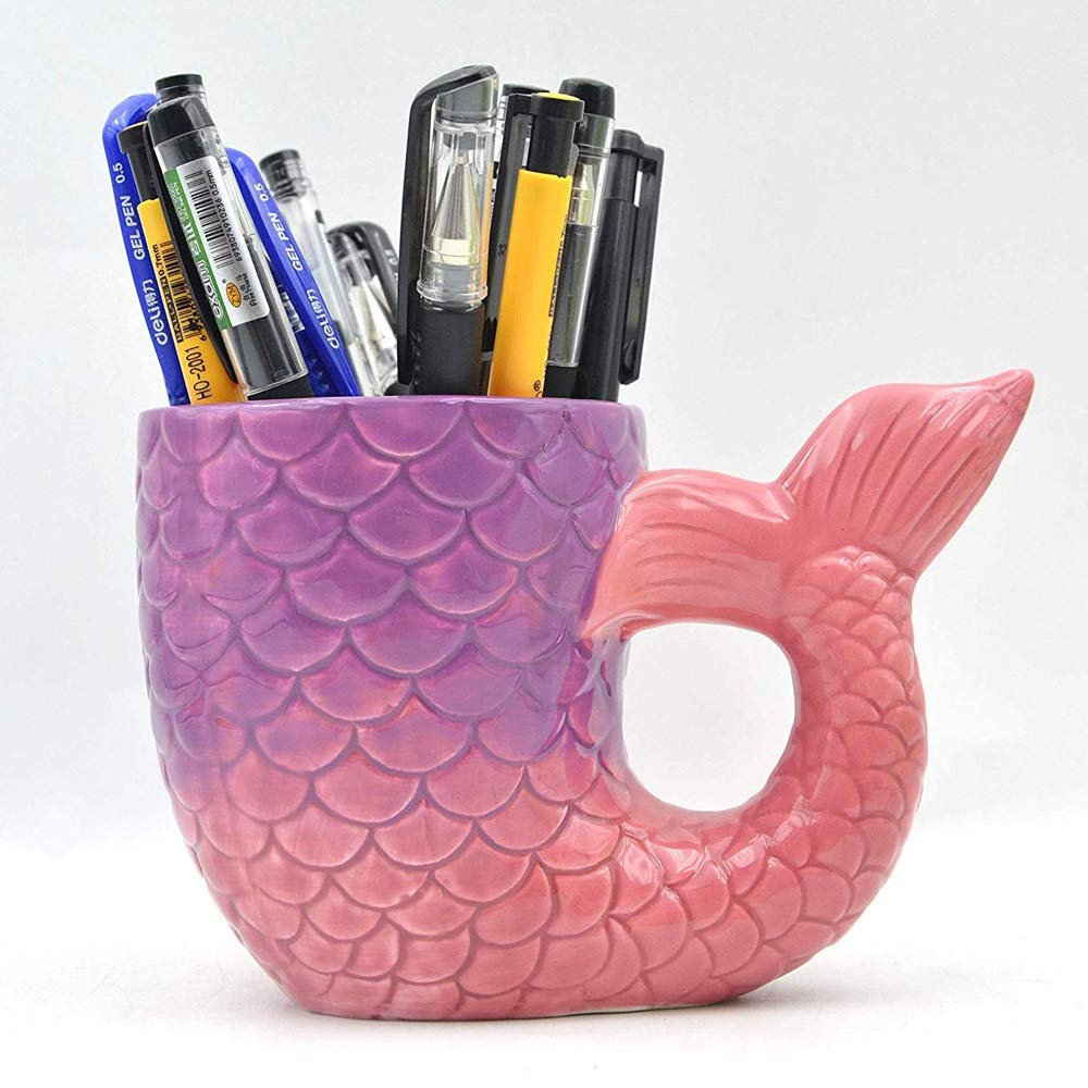 Ceramic Mermaid Tail Shaped Pen Holder - Cute Pencil Cup, Brush Pot & Succulent Planter for Desk, Hydroponics & Cactus - Perfect Office & Home Decor Organizer for Study, Workstation & Room Aesthetics