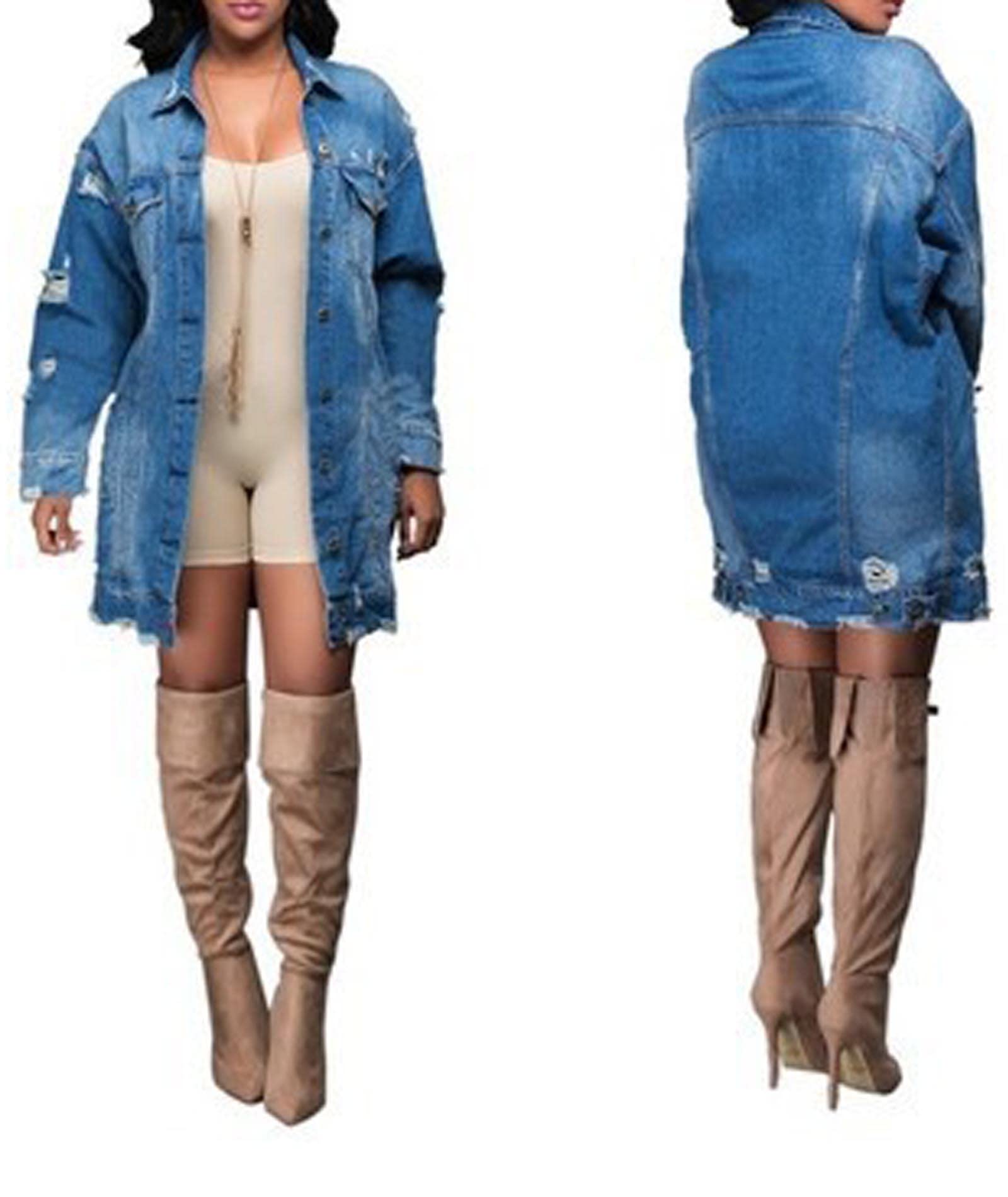SOMTHRON Women's Distressed Denim Jeans & Jacket Set - Ripped High Waist Skinny Jeans with Denim Coat for Spring Fall Fashion | Casual Outfit, Streetwear, Daily Wear