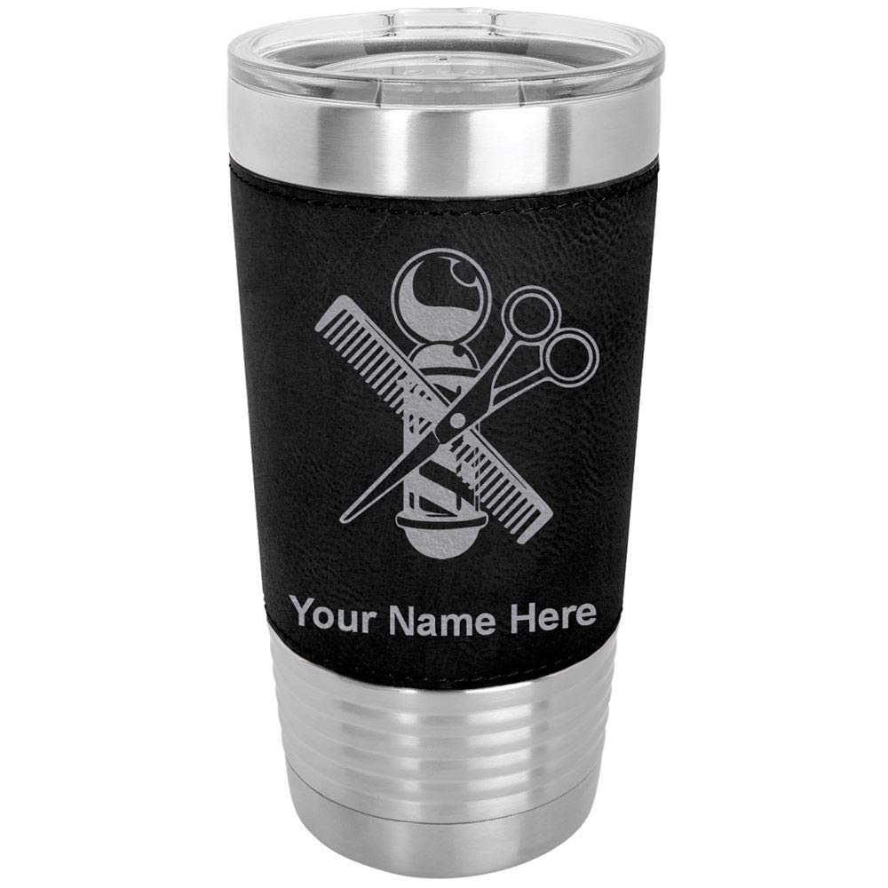 LaserGram 20oz Vacuum Insulated Stainless Steel Tumbler Mug with Barber Shop Pole Design - Personalized Engraving, Faux Leather Handle, Black - Perfect for Coffee, Tea & Cold Drinks at Work, Gym or Travel