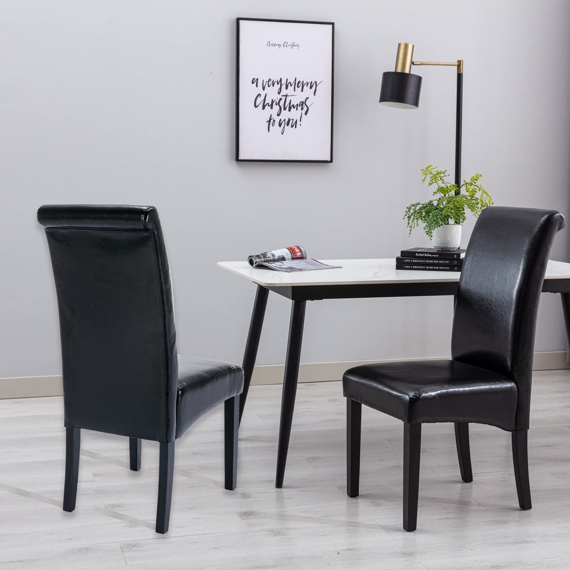 2 Pack Upholstered Accent Dining Chairs - Black PU Leather Modern Contemporary with Rustic Wood Finish - Perfect for Kitchen, Dining Room & Home Office Decor