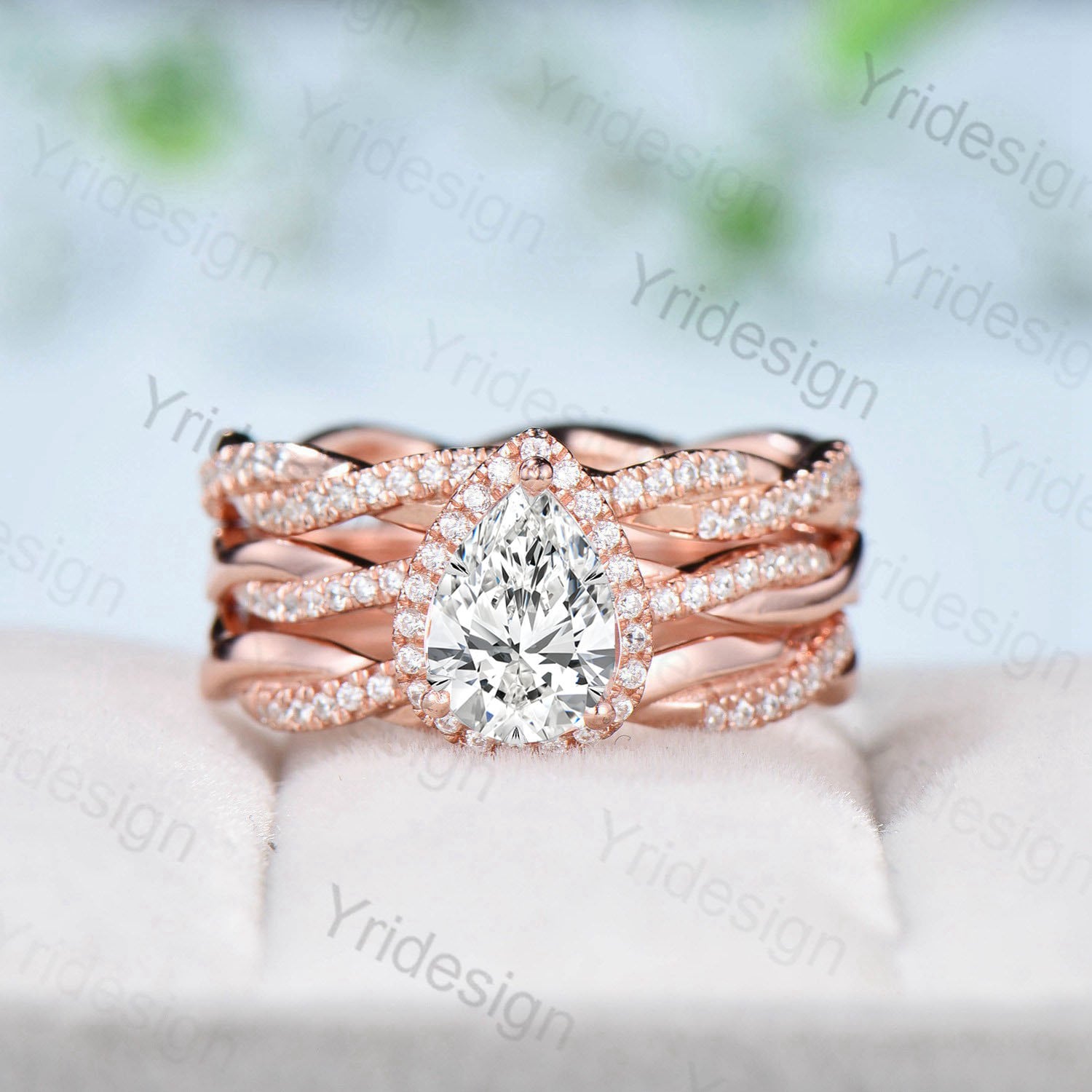 6x8mm Pear Shaped Lab Grown Diamond Ring Set - VVS2 D Color Twist Wedding Band & Full Eternity Stacking Ring for Engagement, Anniversary & Everyday Elegance