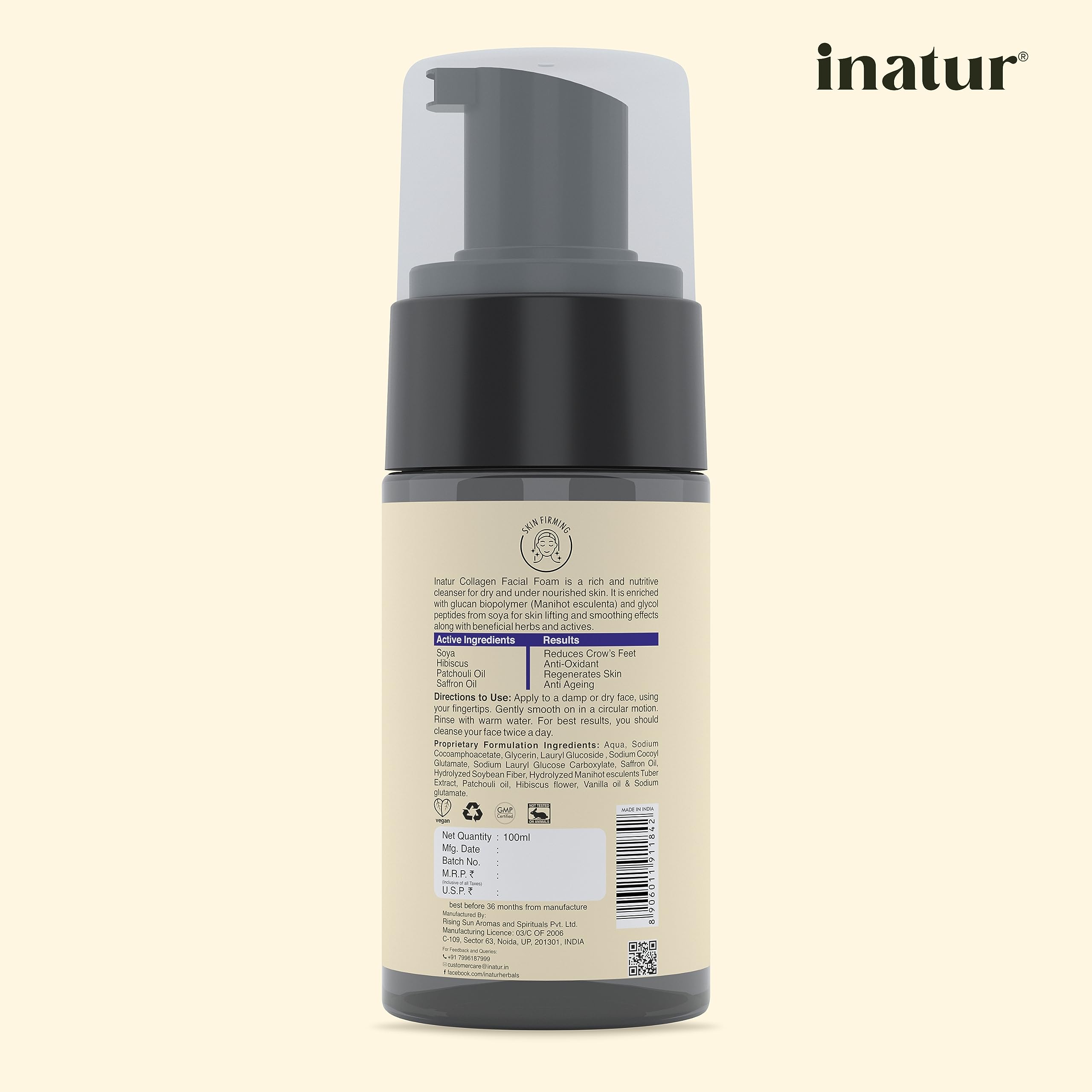 iNatur Collagen Foaming Face Wash - Anti-Aging & Hydrating Cleanser for Dry Skin | Brightens Skin, Reduces Fine Lines & Wrinkles | With Natural Patchouli & Hibiscus Extracts | 100ml | Perfect for Morning & Night Skincare Routine