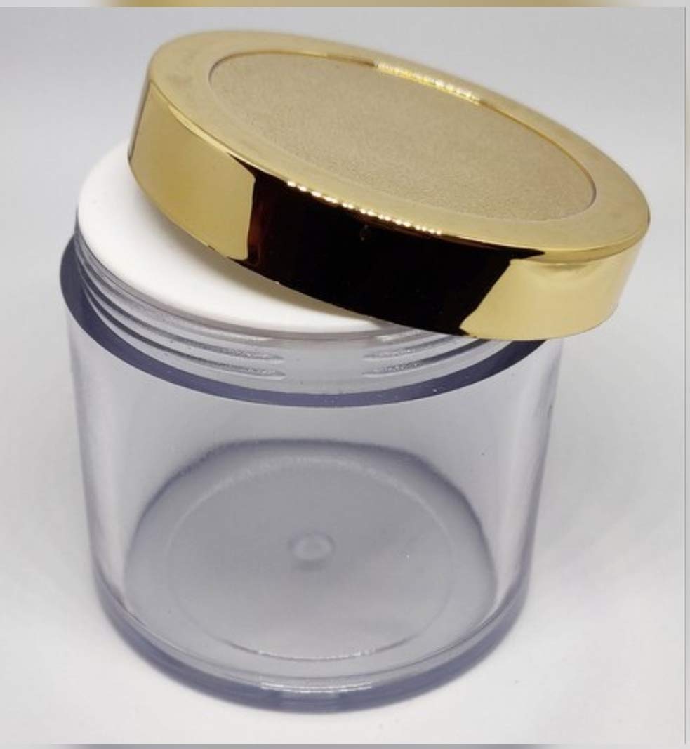 Dinemart 4-Piece 100GM Empty Cosmetic Jars with Golden Lids & White Inner Lids - Perfect for Lip Balm, Body Butter & DIY Skincare - Clear Plastic Containers for Home Beauty & Crafting (Set of 4)