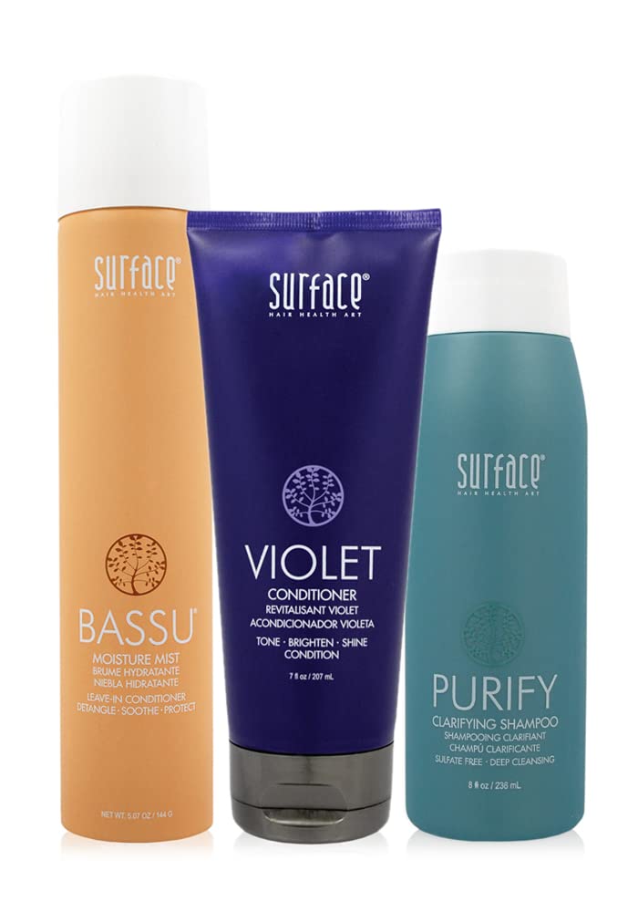 Surface Hair Perfect Blonde Maintenance Trio Set - Purifying Clarifying Shampoo, Violet Toning Conditioner & Bassu Hydrating Moisture Mist | For Blonde Hair Care, Color Correction & Daily Moisturizing