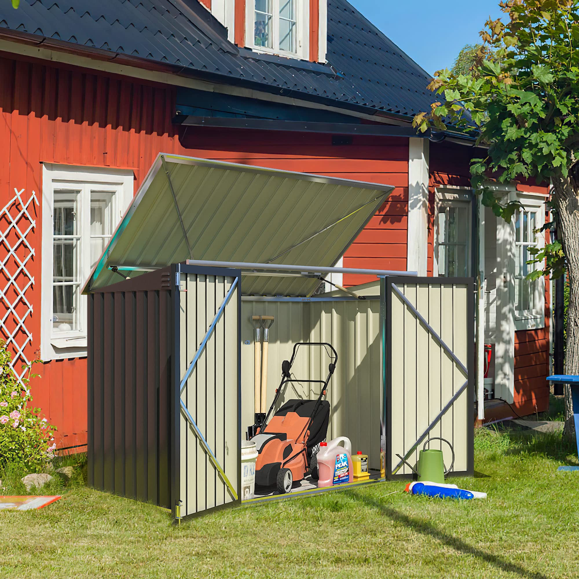 Greesum 5.8x3.3 FT Outdoor Metal Storage Shed with Lid & Hydraulic Gas Rod - Perfect for Lawn Tools, Bikes, Toys & Trash Bins | Weatherproof & Durable Black Garden Shed for Backyard, Patio & Garage Organization