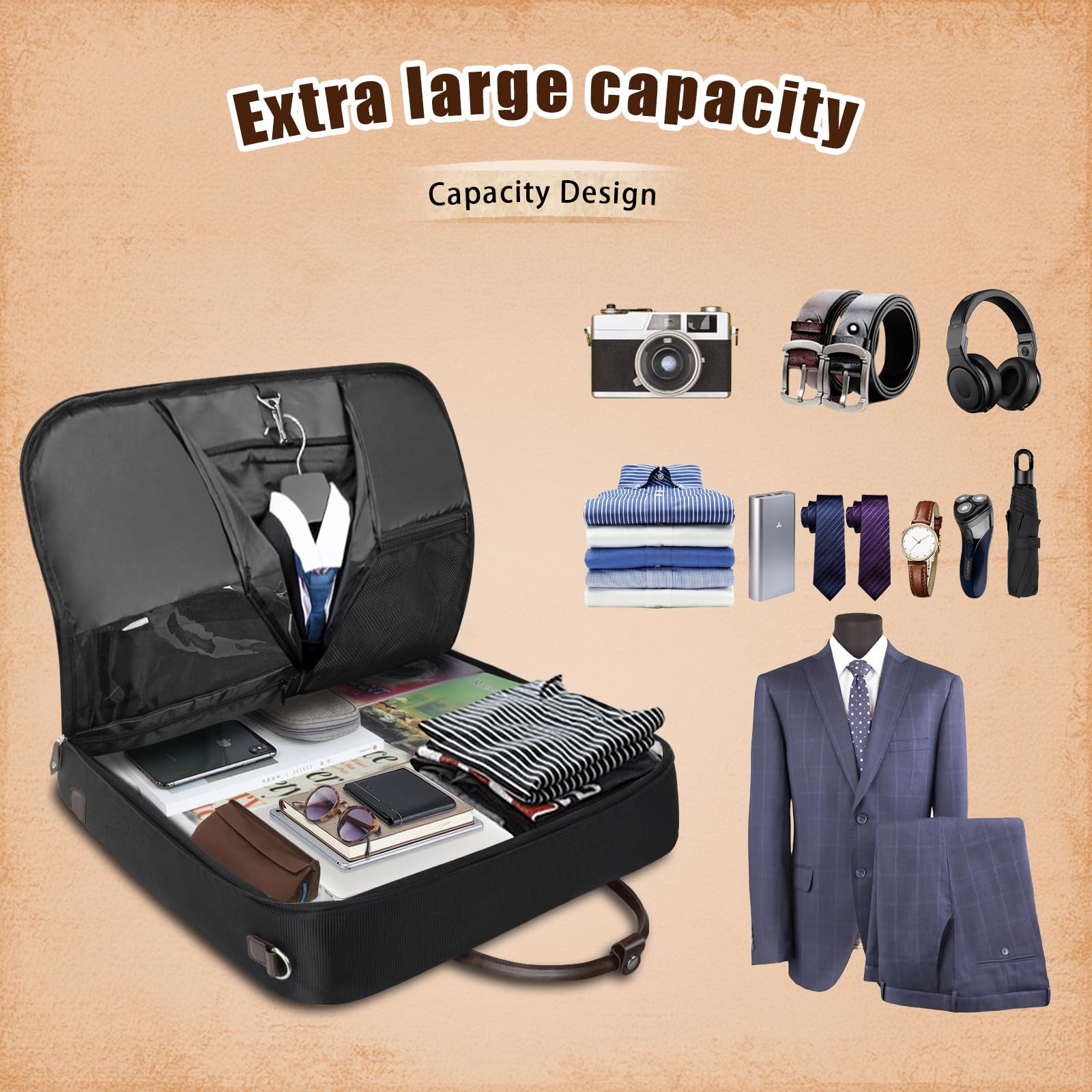 Premium Leather Garment Bag for Travel - Large Carry-On Suit Bag with Adjustable Strap - Business Hanging Luggage for Men & Women (Black) - Perfect for Business Trips, Weddings & Formal Events