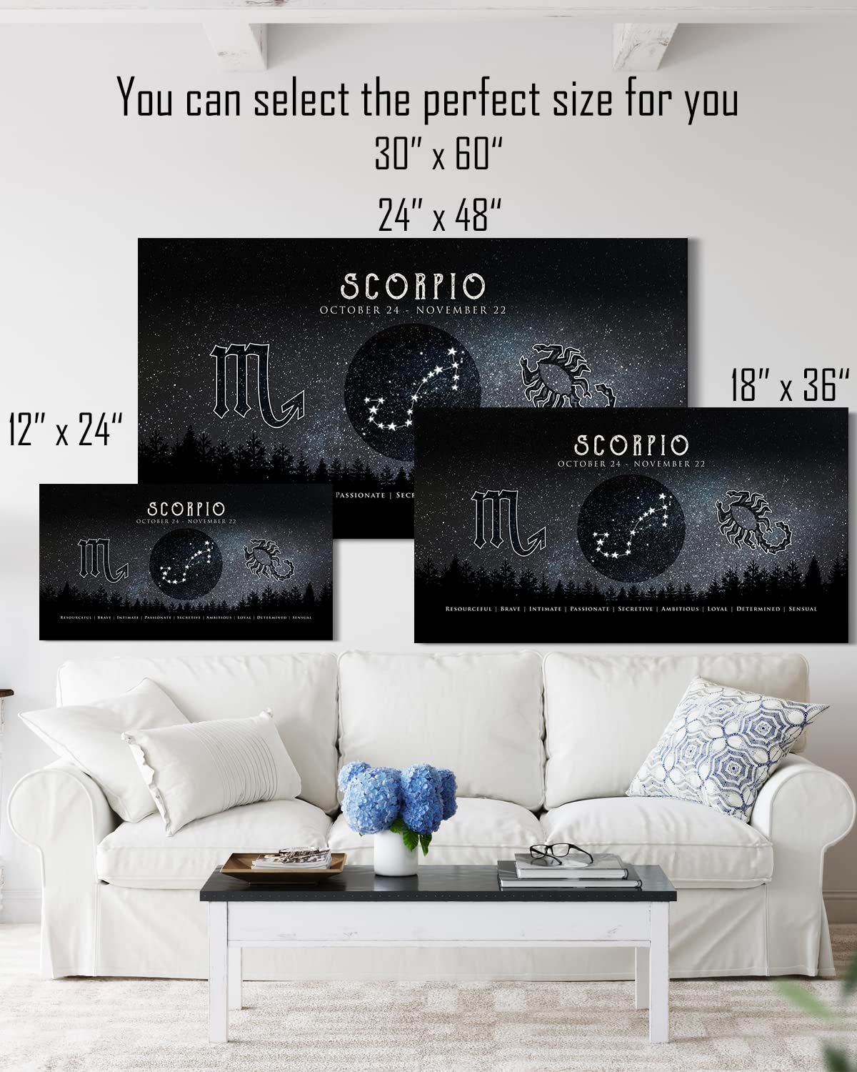 Scorpio Zodiac Wall Art - Unique Astrology Gifts for Women & Men - Boho Home Decor - 12x24 Inch Ready to Hang Canvas - Perfect for Bedroom, Living Room & Office Decor