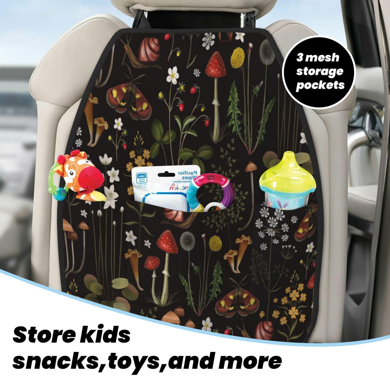 Mushroom Kick Mat Back Seat Protector for Kids - 2 Pack Car Seat Cover Organizer with 3 Storage Pockets, Universal Vehicle Interior Accessories - Perfect for Family Road Trips & Daily Commutes
