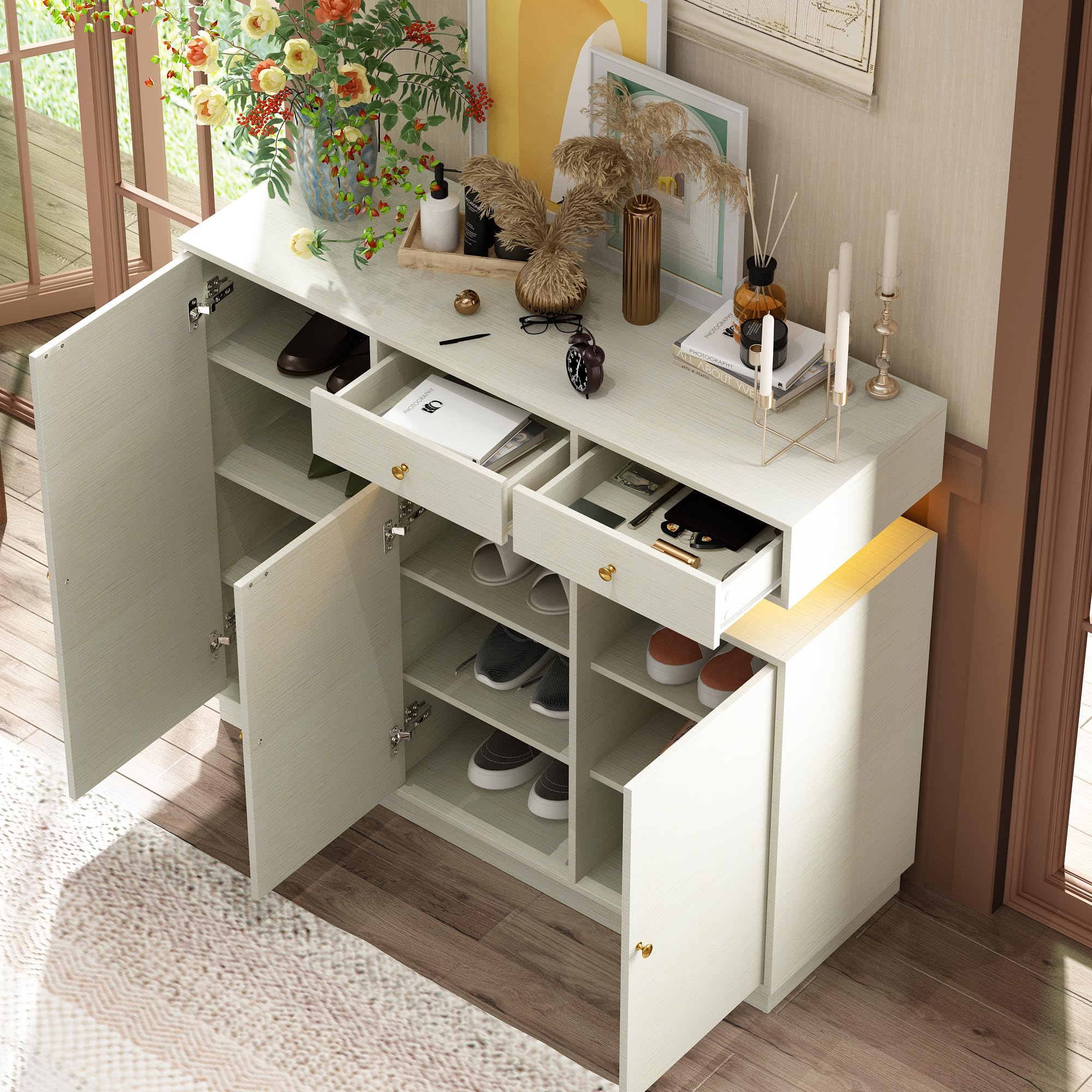 AIEGLE LED Shoe Cabinet with Lights - 3 Door 2 Drawer Entryway Storage Organizer, Space Saving Freestanding Shoe Rack for Hallway & Living Room (Light Grey) - Perfect for Small Apartments & Modern Home Decor