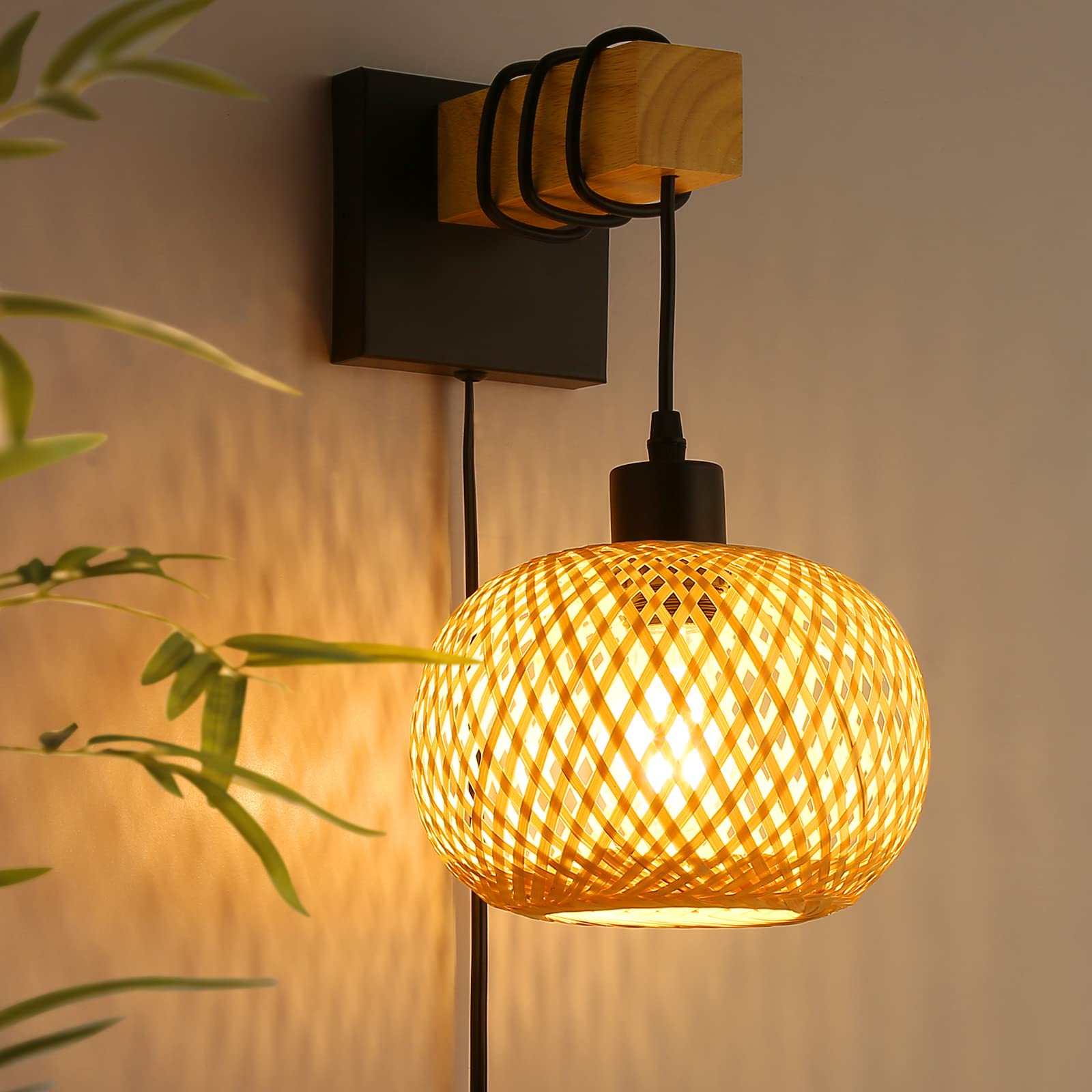Farmhouse Rattan Plug-in Wall Sconces - Rustic Hand-Woven Bamboo Shade & Wood Beam Wall Light Fixtures - Rattan Bamboo Wall Lamp for Bedroom, Bedside, Living Room - Wall Art Decor (No Bulbs Included) - Perfect for Cozy Bedroom Lighting, Farmhouse Living Room Decor & Boho Home Accents