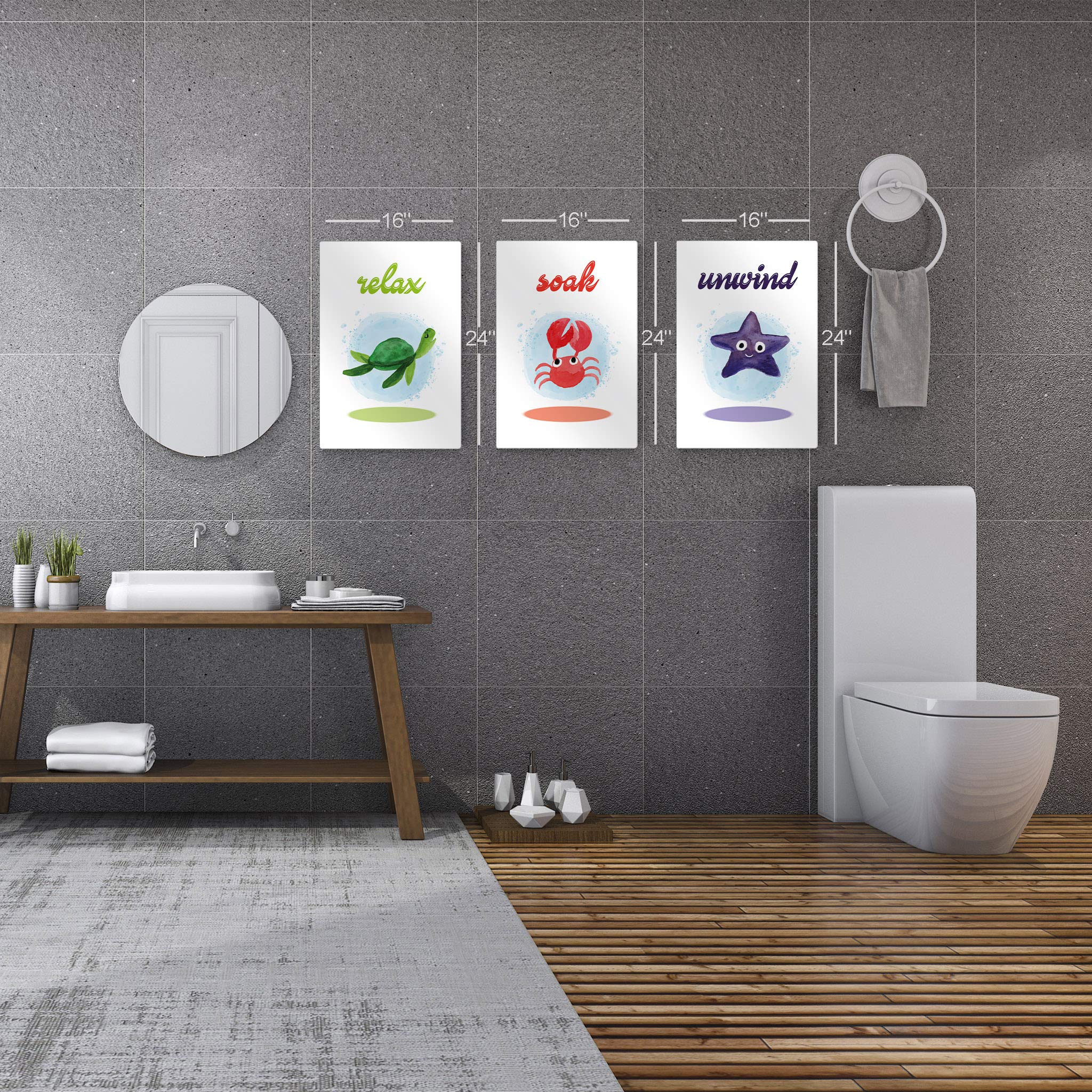 Smile Art Design Relax, Soak, Unwind Quote Bathroom Decor - 3 Piece Metal Print Set with Sea Turtle, Starfish & Crab - Funny Bathroom Signs for Kids - Nursery Wall Art Ready to Hang (17x11 Inches) - Perfect for Coastal Themed Bathrooms, Beach House Decor & Children's Room Wall Decor