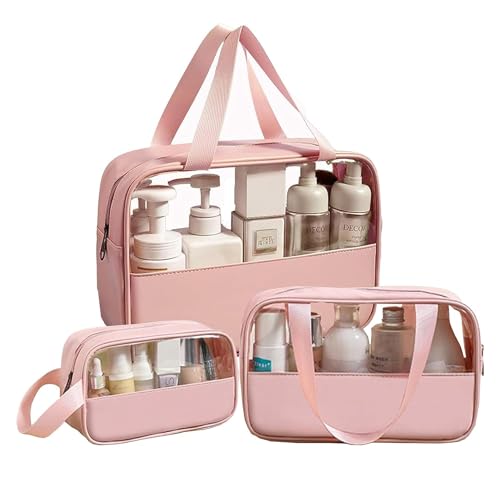 Kriva 3 Pack Water-Resistant Cosmetic Bags | Transparent Hanging Organizer with Zip for Travel & Storage (Baby Pink) - Perfect for Makeup & Accessories