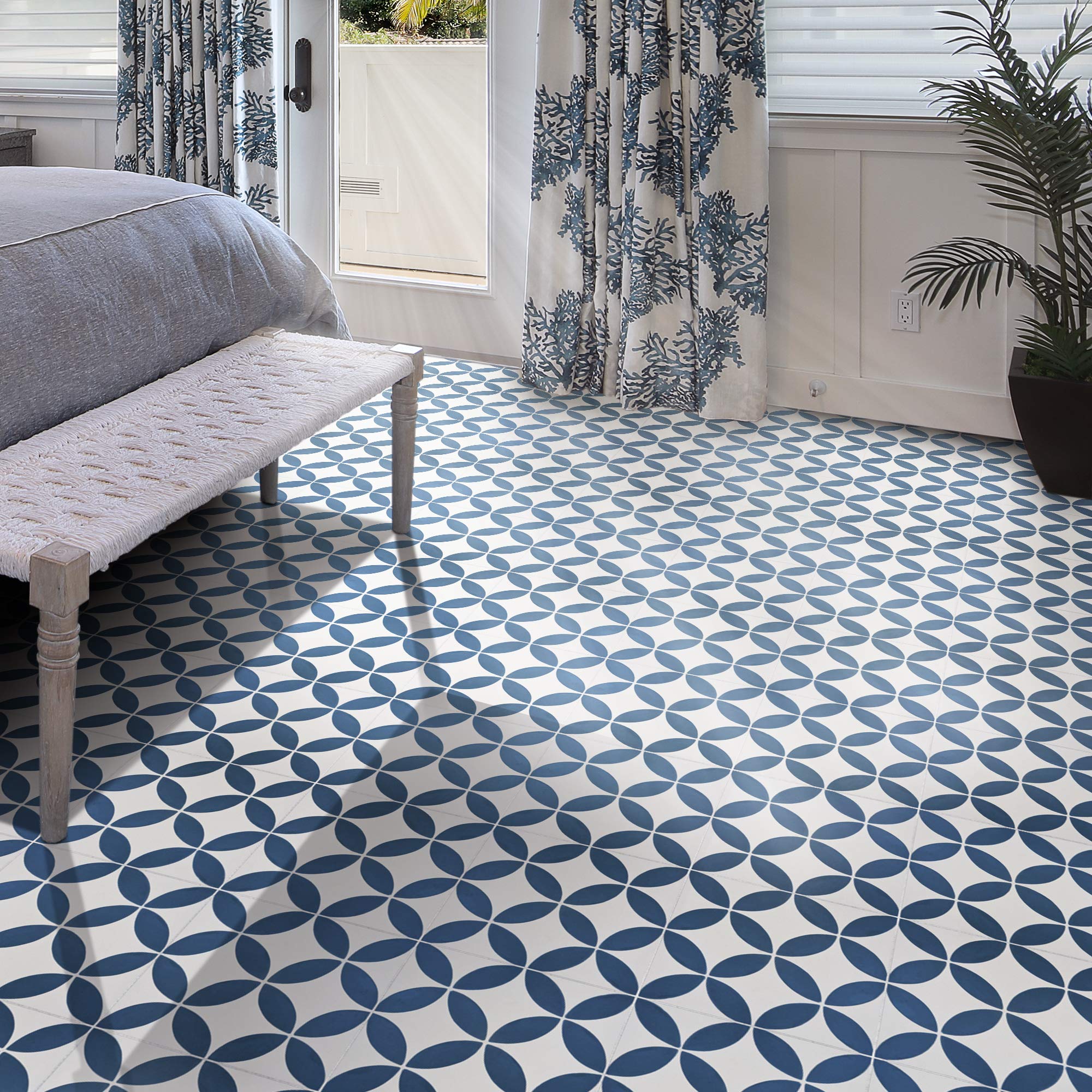 Handmade Moroccan Cement Mosaic Tile - Navy Blue & White Geometric Pattern for Kitchen Backsplash, Bathroom Floor, and Outdoor Patio Decor