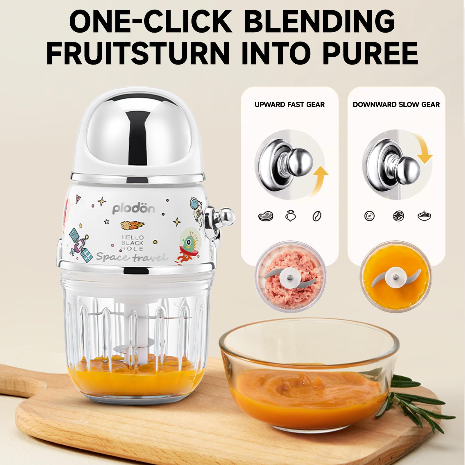 Mini Baby Food Maker - 2 Cup Glass Bowl Small Food Processor & Puree Blender for Infant Meals | Portable Baby Food Grinder & Chopper | Ideal for Homemade Baby Purees, Smoothies & Travel Feeding (Spaceman-White)
