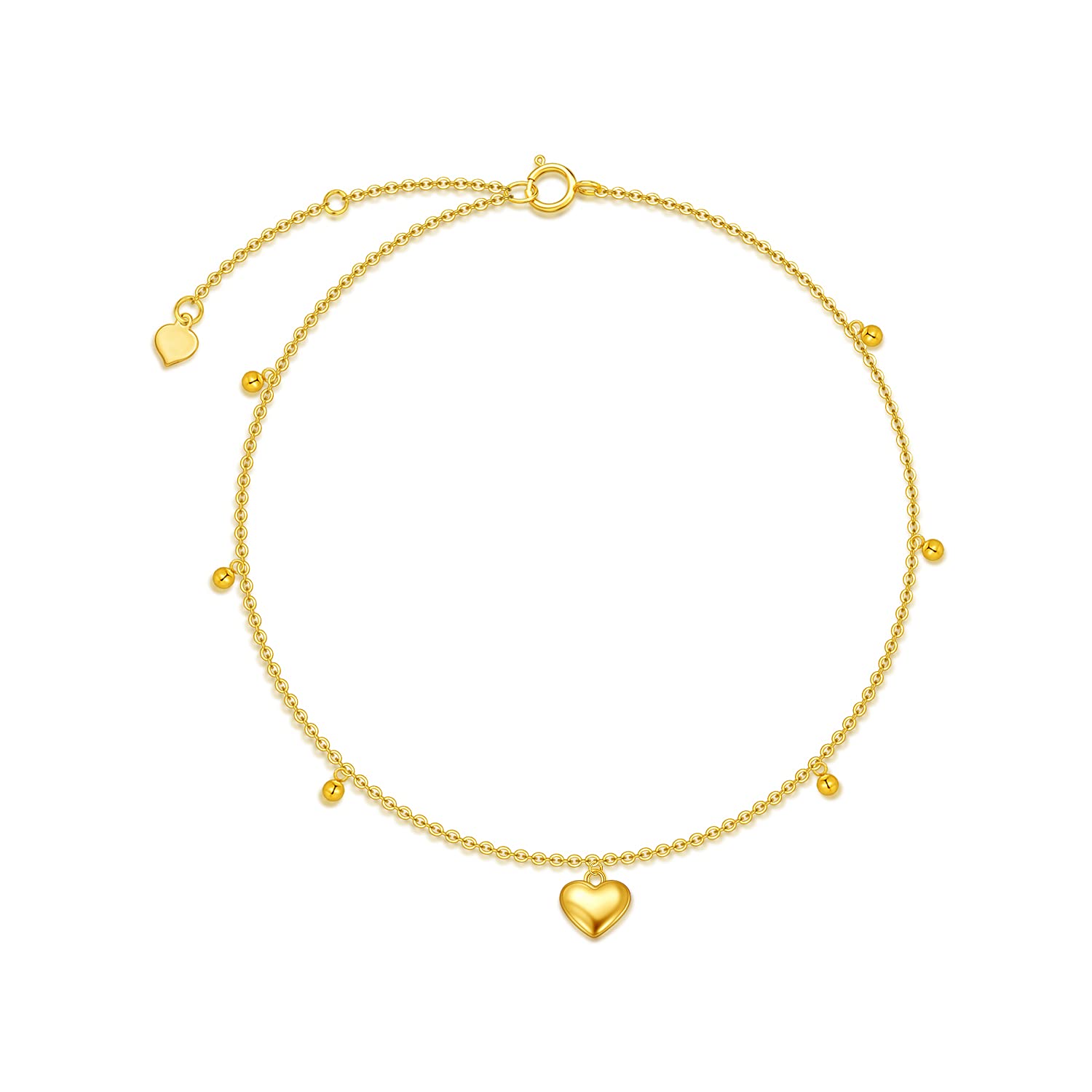 14K Real Gold Heart Anklet for Women - Adjustable 9.4-11 Inch Beaded Chain Ankle Bracelet - Perfect Gift for Her, Girlfriend, Wife - Ideal for Beach, Wedding, Anniversary & Everyday Wear