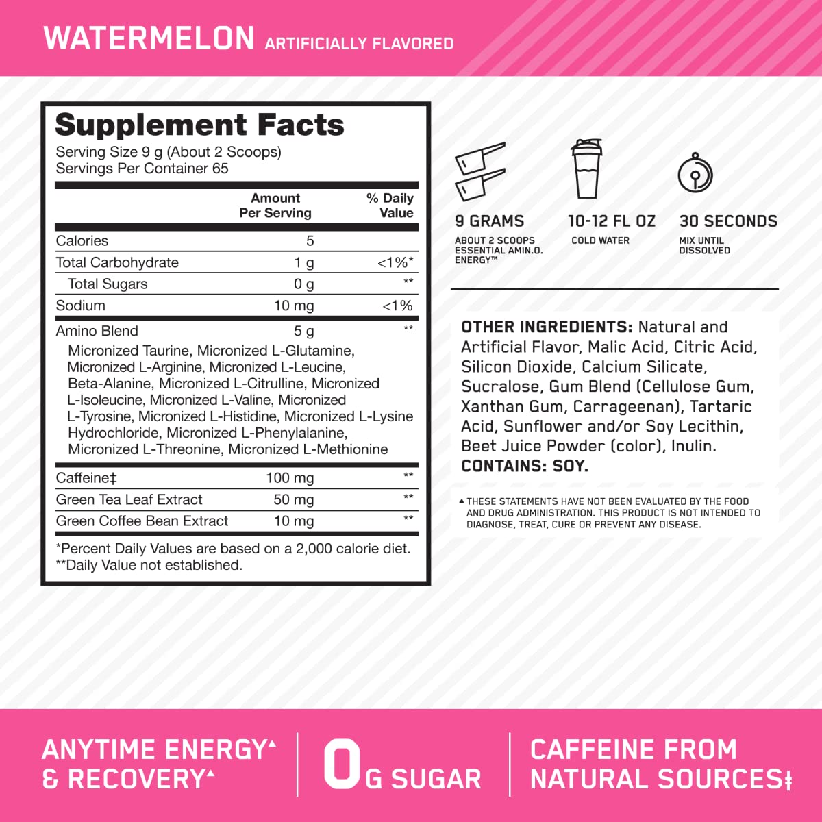 Optimum Nutrition Amino Energy Pre Workout Powder - Green Tea, BCAA, Amino Acids, Keto Friendly with Green Coffee Extract - Watermelon Flavor, 65 Servings | Boost Energy & Endurance for Gym, Running & Fitness Training