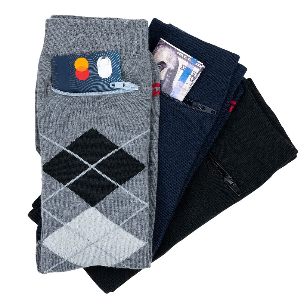 Moisture Wicking Anti Pickpocket Crew Socks for Women & Men with Hidden Pocket - Travel, Hiking & Everyday Wear Dress Socks