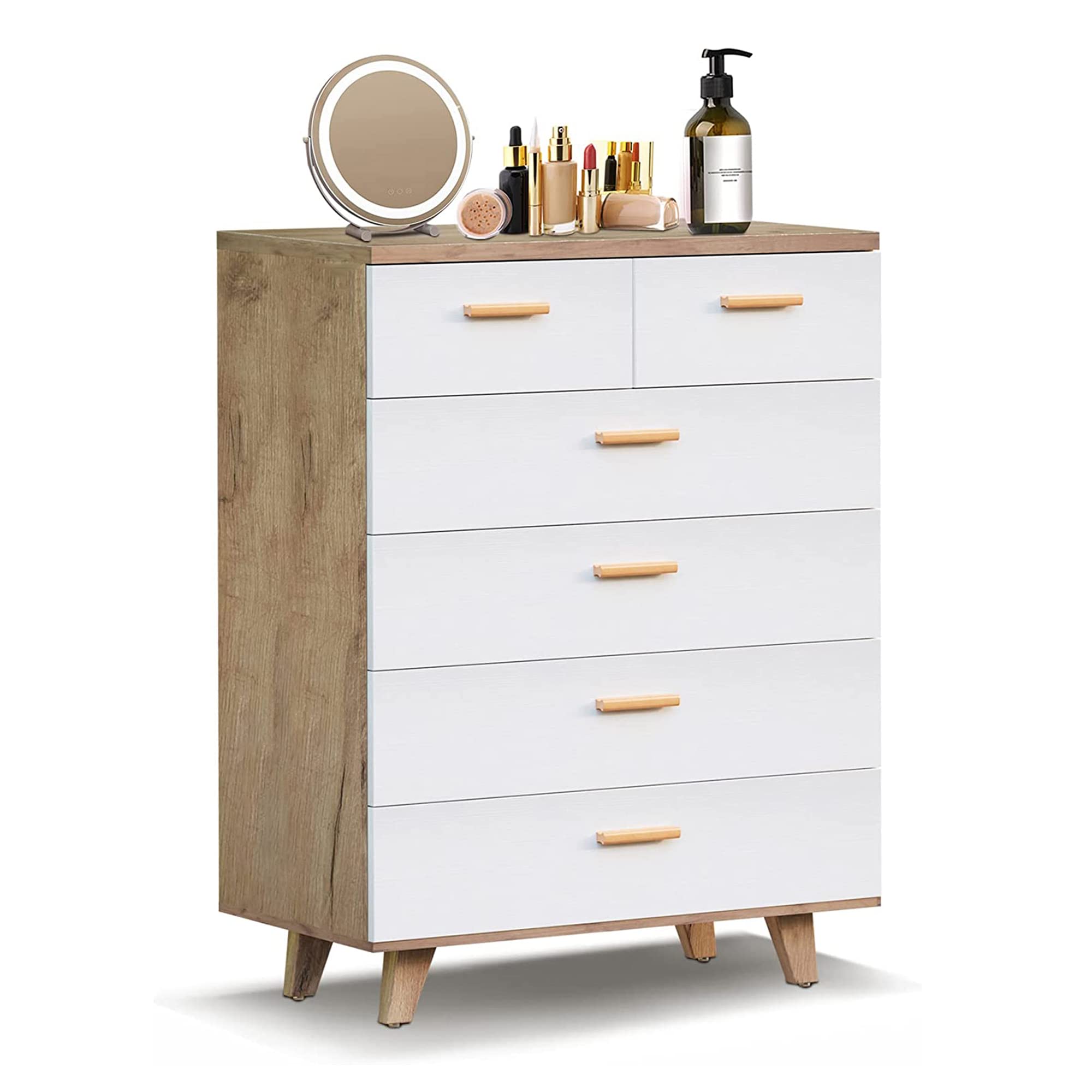 Modern White 6-Drawer Wooden Dresser for Bedroom - Tall Chest of Drawers with Solid Wood Legs, Storage Organizer Cabinet for Living Room, Hallway & Nursery (2+4 Drawers) | Perfect for Home Organization, Clothes Storage & Bedroom Decor