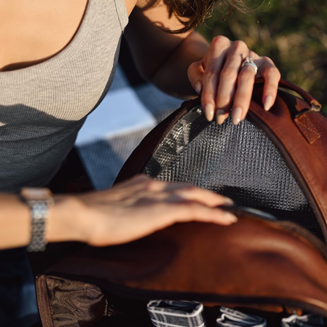 Premium Genuine Leather Picnic Backpack for 4 People - Insulated Cooler Compartment, Soft Blanket, 4 Dinner Plates & Cutlery Set - Luxury Outdoor Picnic Accessories for Couples, Family & Friends (Brown) - Perfect for Beach, Park, Camping & Romantic Dates