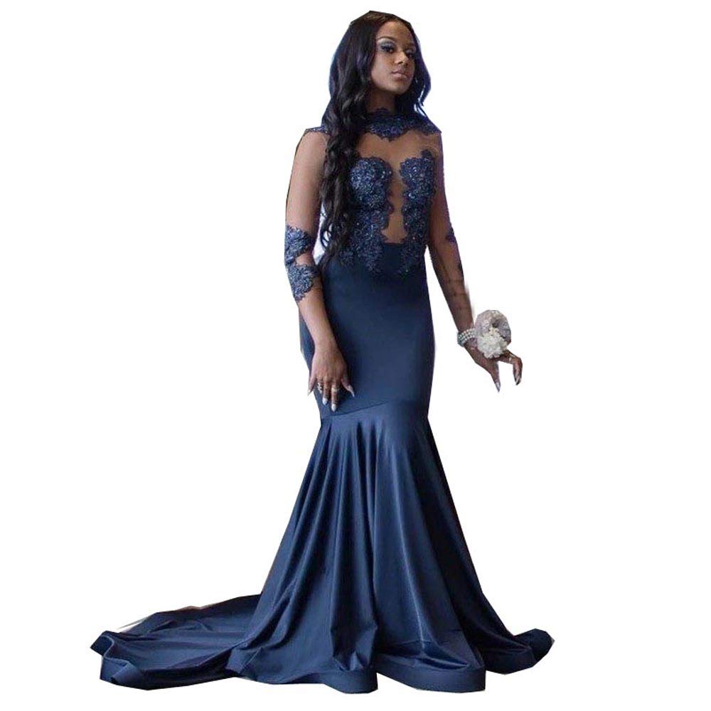 Elegant Women's Lace Mermaid Evening Dress Long Sleeve Formal Gown for Prom, Wedding, and Black Tie Events