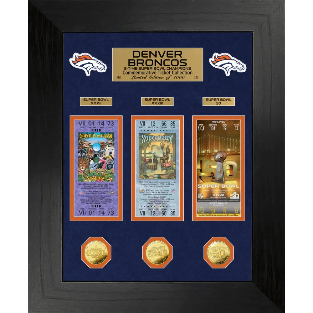 Denver Broncos Super Bowl Memorabilia - Framed Ticket & Coin Collection Display for Football Fans | Perfect for Man Cave, Sports Bar, or Broncos Fan Gift