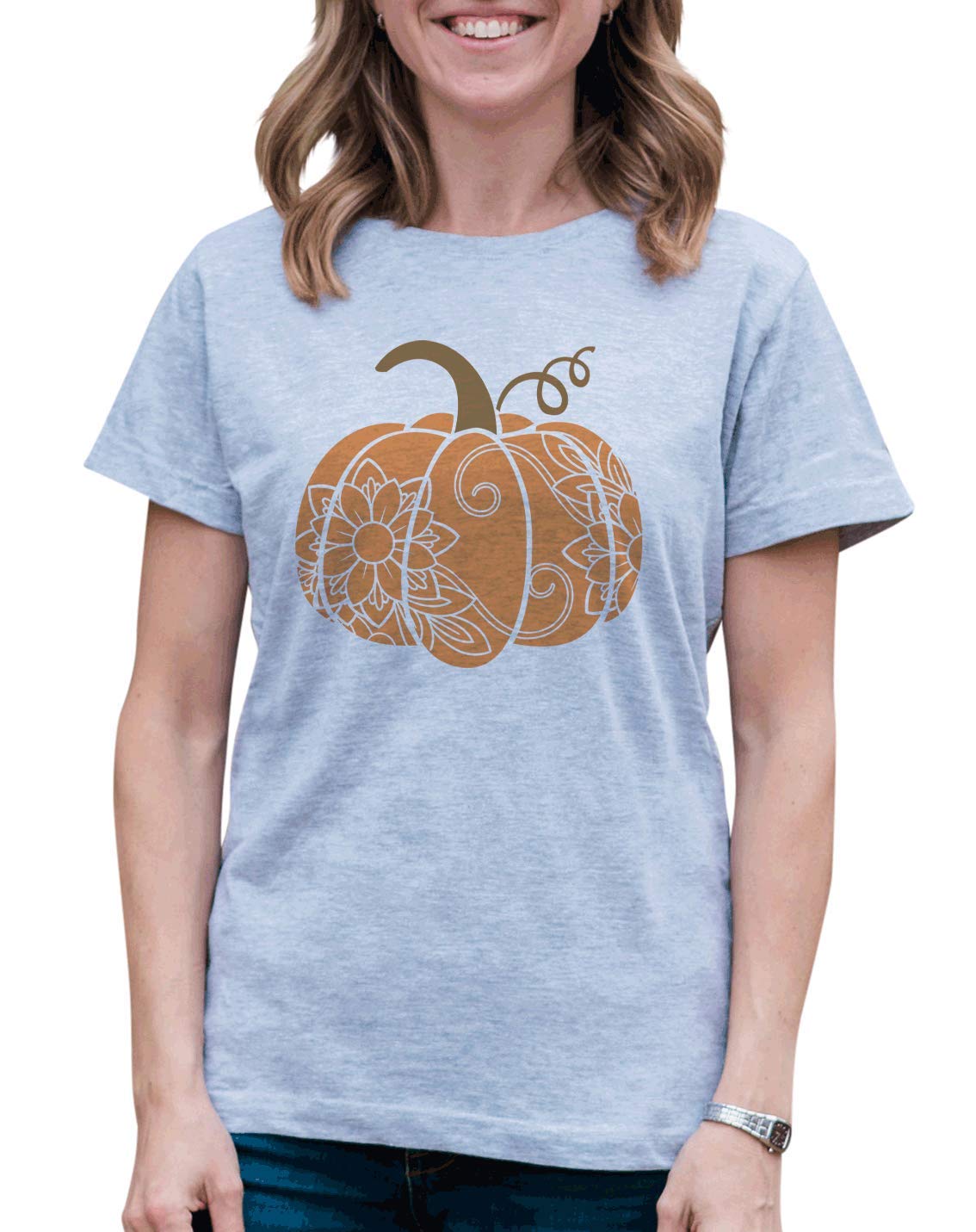 7 ate 9 Apparel Women's Fall Fashion Pumpkin Print Blouse - Cute Autumn Long Sleeve Tops for Thanksgiving, Halloween Party Outfits & Cozy Seasonal Wear