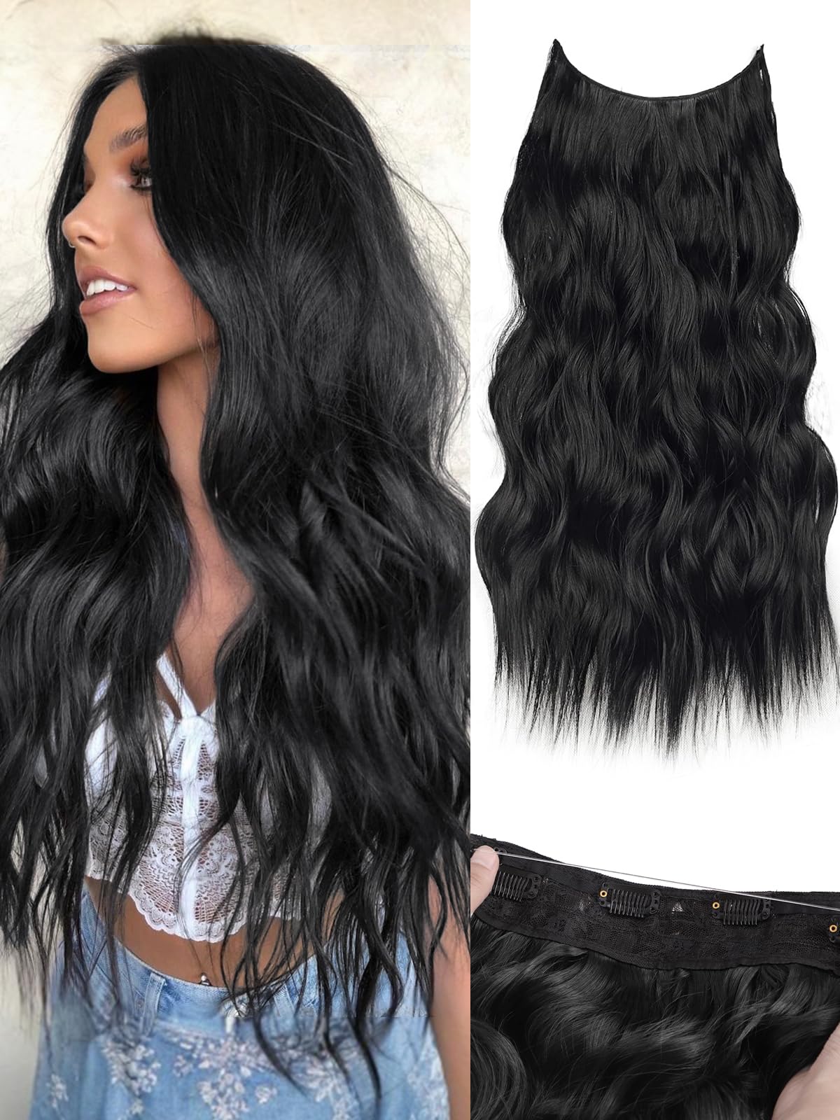 KooKaStyle Invisible Wire Hair Extensions - Adjustable Transparent Headband with 4 Secure Clips | 20 Inch Long Wavy Black Human Hair Topper for Women | Perfect for Daily Wear, Parties & Special Occasions