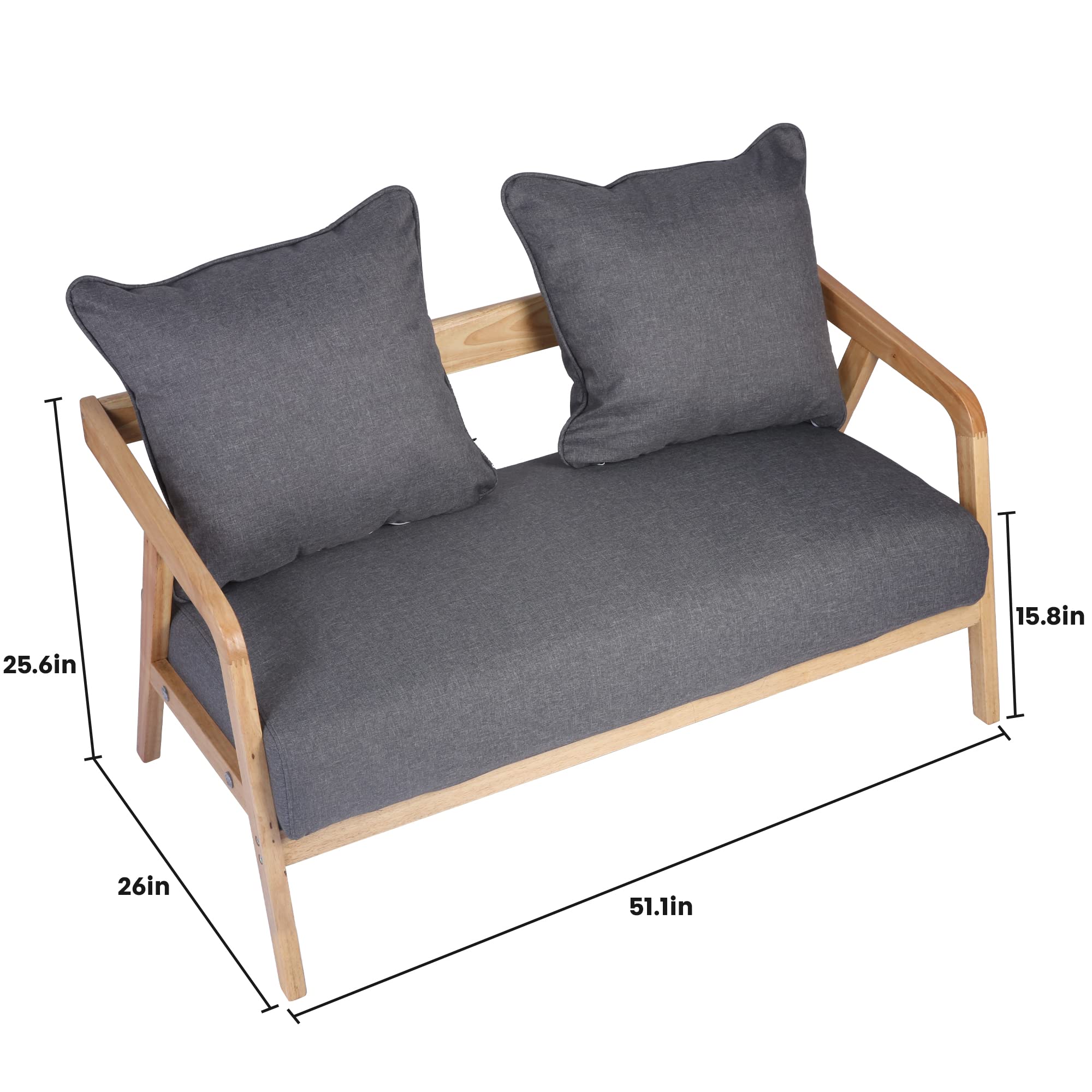 Modern Upholstered Wood Loveseat Sofa with Cushions - 2-Seat Small Sofa with Armrests, Compact Space-Saving Couch - Premium Grey Fabric with High-Density Native Sponge Filling - Perfect for Small Apartments, Living Rooms & Cozy Reading Nooks