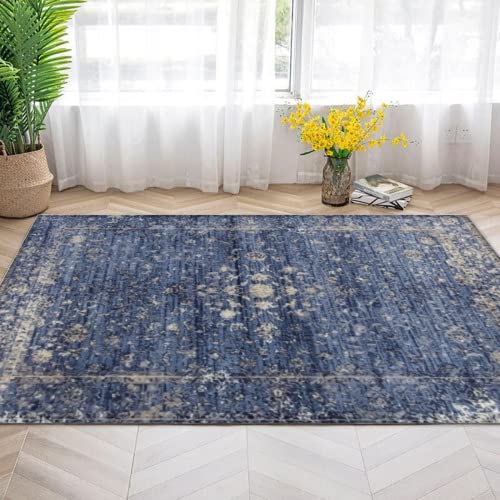Distressed Blue Persian Area Rug - Large Handmade Vintage Carpet for Living Room, Bedroom, Bathroom & Kids Room - Soft & Durable Home Decor