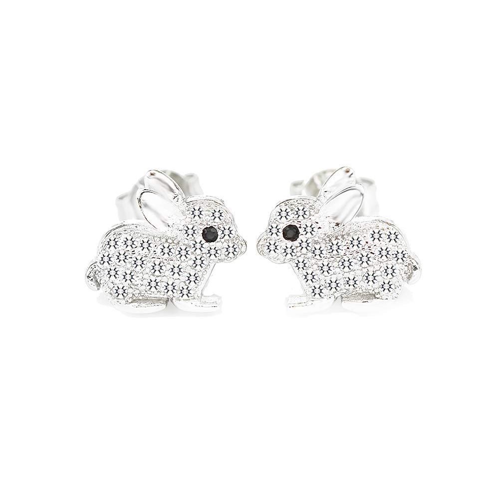Kaguyo Sterling Silver Bunny Pendant Necklace & Rabbit Stud Earrings Set - Clear Pave Zirconia Easter Jewelry for Women & Girls - Perfect Birthday Gift for Her - Great for Easter Celebrations, Daily Wear & Special Occasions