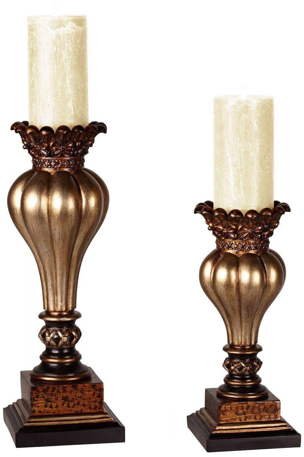 Vintage Bronze Pillar Candle Holders Set of 2 - Elegant Table Centerpiece for Halloween, Wedding & Home Decor - Old World Style Candelabra for Dining Room, Mantel & Holiday Decorations