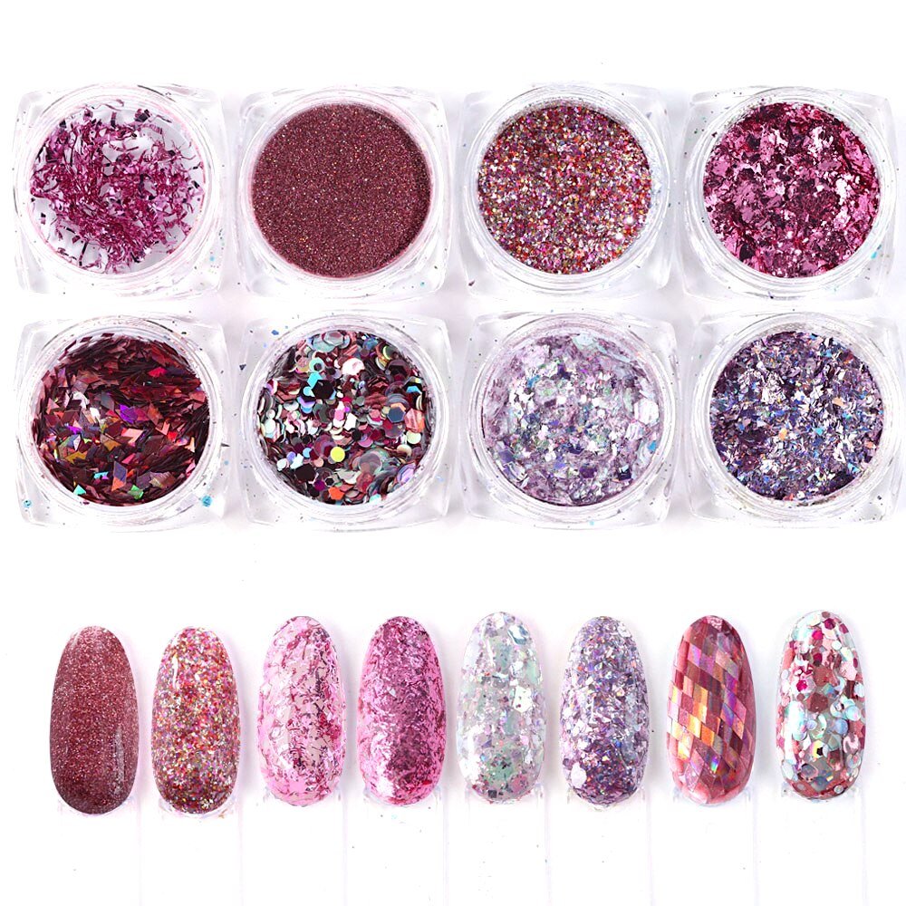 Pink Rose Glitter Flakes for Nails - 8pcs Nail Art Set with Jars - Perfect for DIY Manicures, Acrylic Nails & Gel Polish Designs