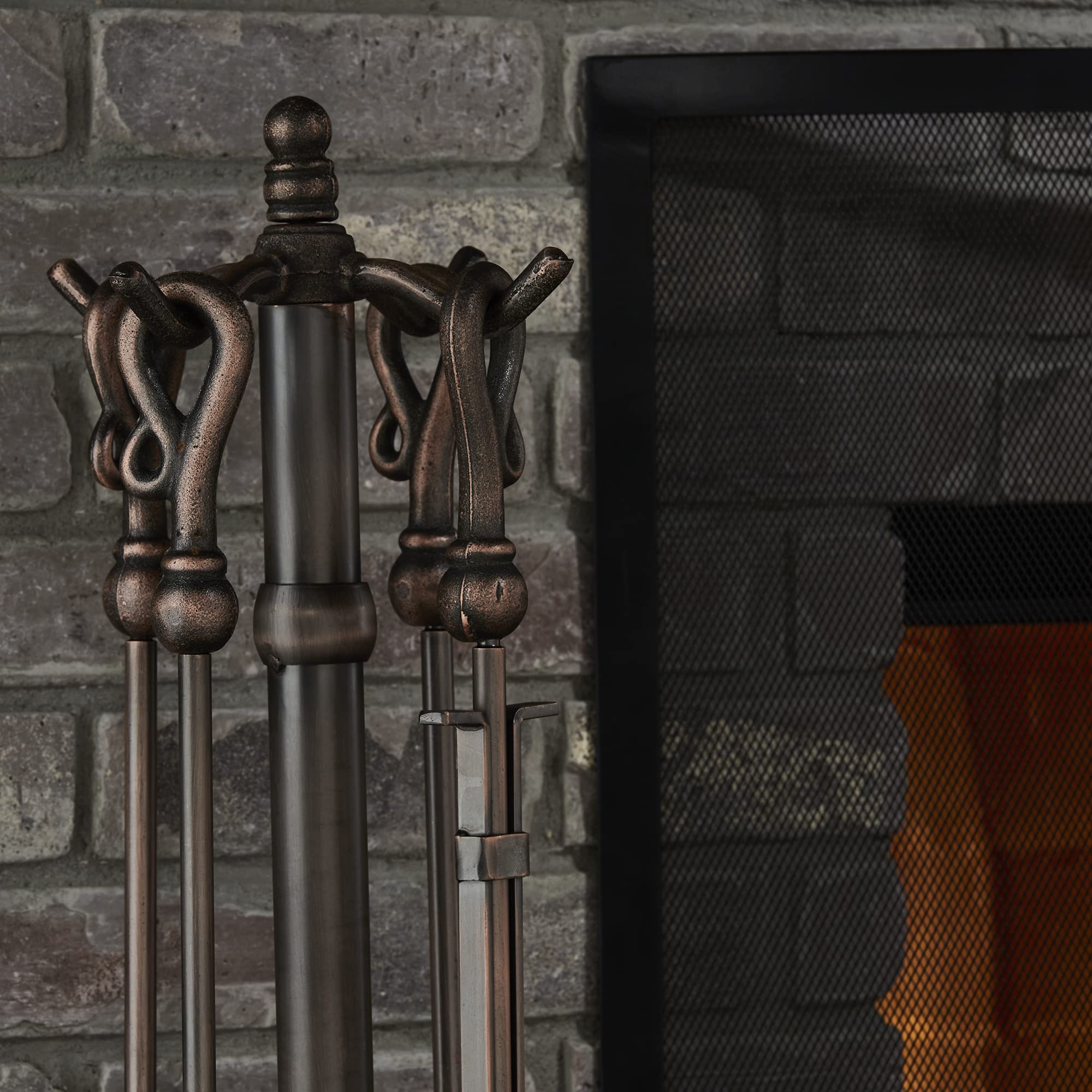 UniFlame F-1657 5-Piece Venetian Bronze Fireplace Tools Set with Heavy Crook Handles - Perfect for Indoor Fireplace, Hearth, and Home Decor