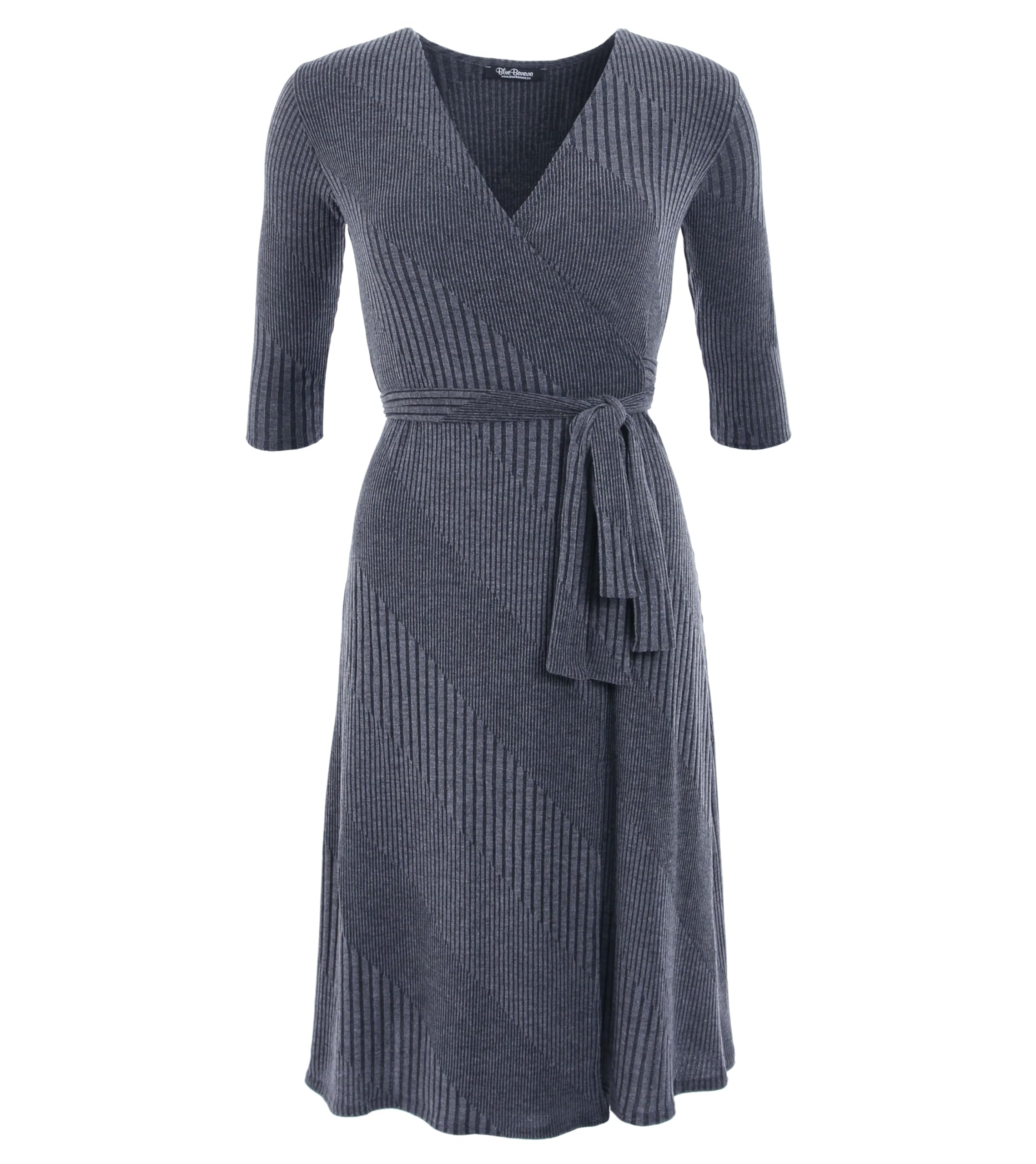 Blue Banana Women's Ribbed Knit Wrap Dress - 3/4 Sleeve Knee-Length Stretch Dress for Casual Wear, Office & Date Night | Summer & Fall Fashion