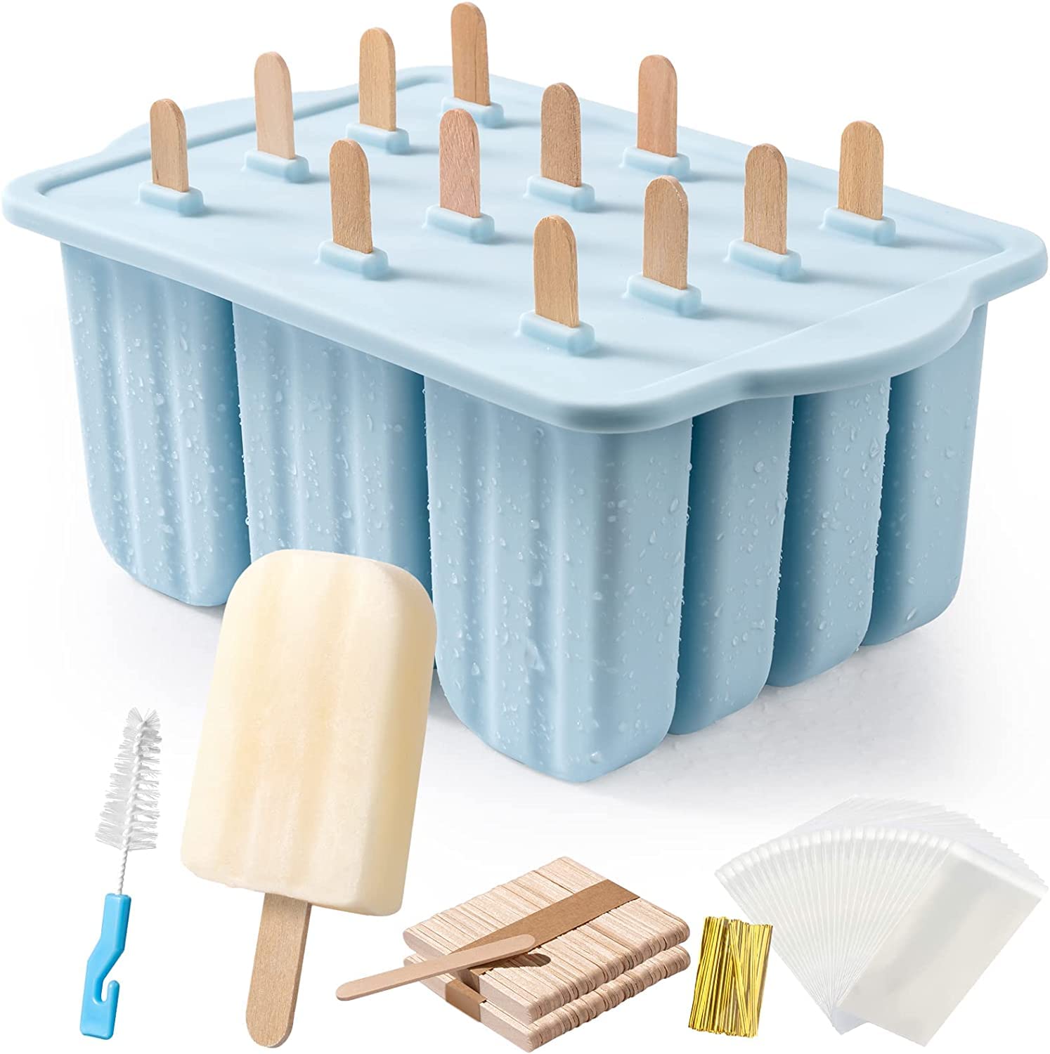 12-Pack Silicone Popsicle Molds for Kids & Adults - BPA-Free Ice Pop Maker with 50 Sticks, Brush, Storage Bags & Twist Ties - Easy Release Homemade Popsicle Molds for Summer Treats, Parties & Healthy Snacks
